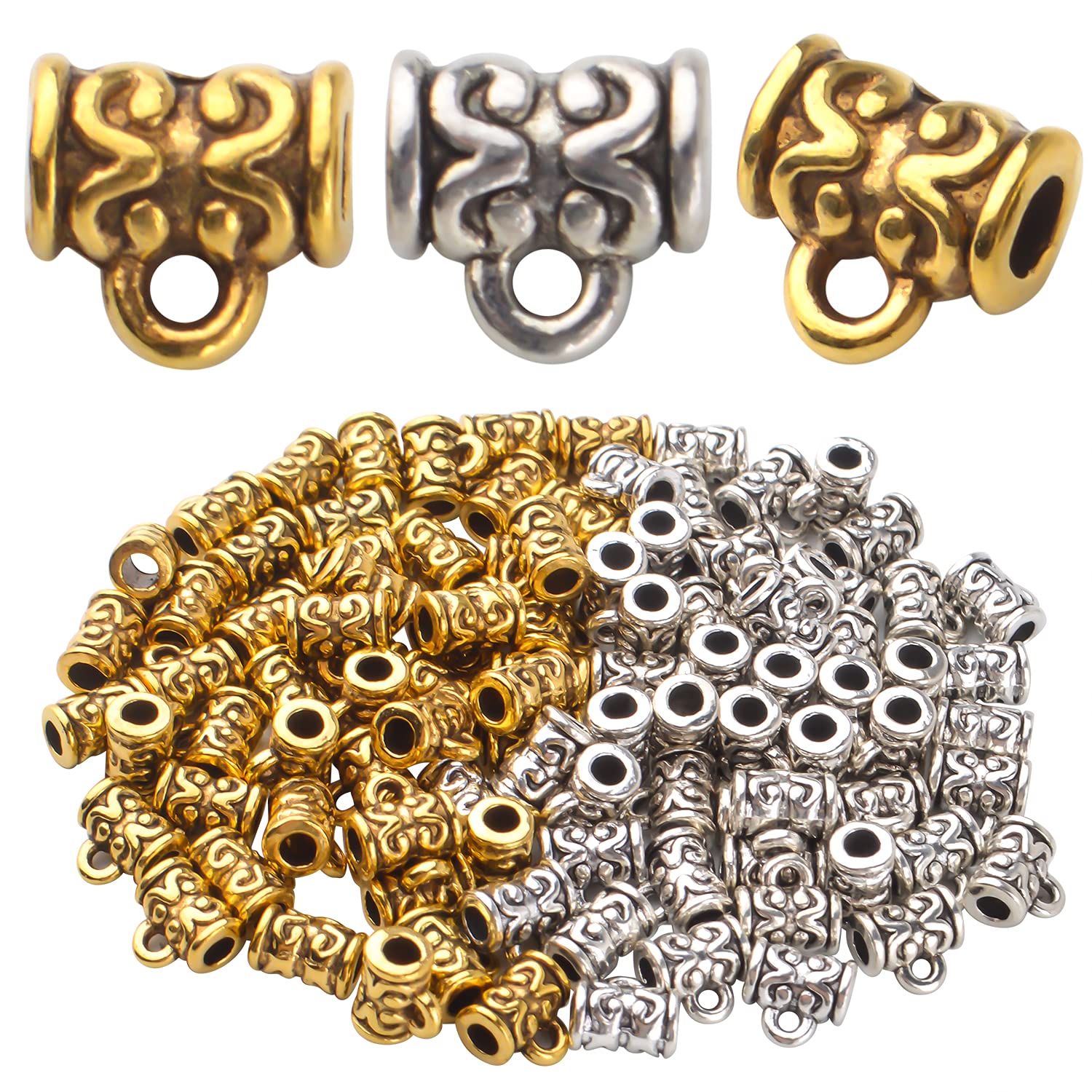 BronaGrand Connector Bail Beads,100pcs Bail Tube Beads Tibetan Alloy Bead Hanger Charms Bail Beads with Charm Loop Connector Hanger Beads for Bracelet Necklace Pendant Jewelry Crafts Making