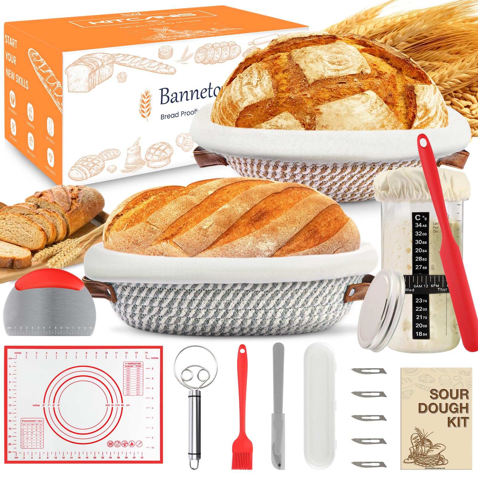 Gärkörbchen Sauerteig Starter Set, Gärkorb Brot mit Brotbackzubehör, Sauerteig Zubehör,Brotbackset, Gärkörbchen，Sourdough starter kit für Bäckerinnen, Frauen, Ehefrauen, Mütter für Brot Backen