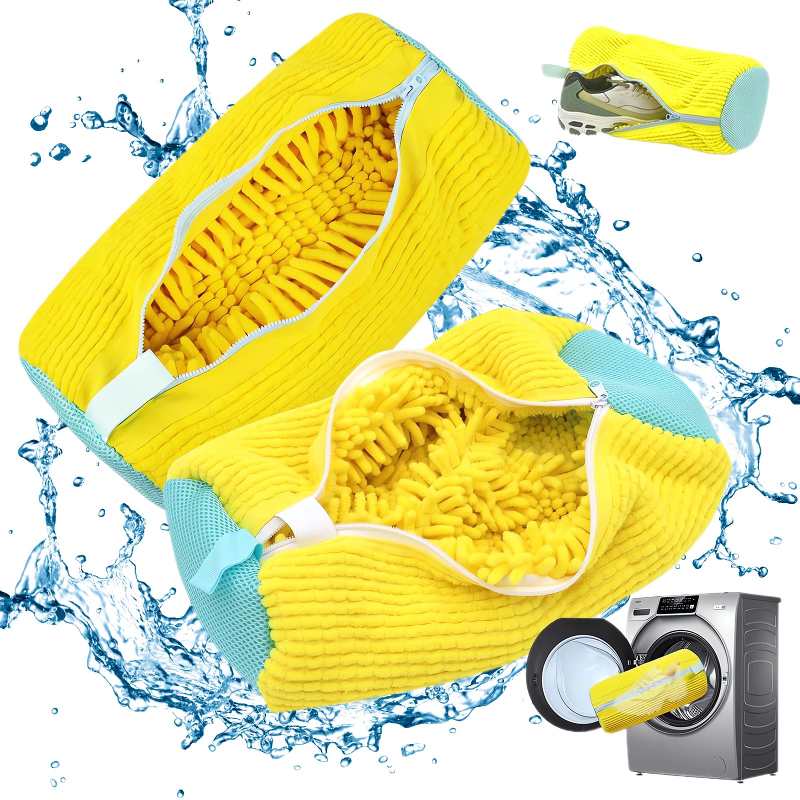 2 in 1 Schuhwaschbeutel Waschmaschine 2 Packungen, mit Reißverschluss, Stoffmaterial, wiederverwendbar, geeignet für Sportschuhe, Tennisschuhe, um Schuhformungen zu verhindern (Gelb)