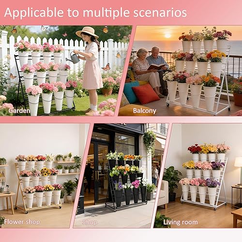 Miniatura 8 de Soporte de exhibición de flores de 3 niveles, soporte móvil de metal para plantas con 12 cubos, carrito de flores con ruedas, adecuado para