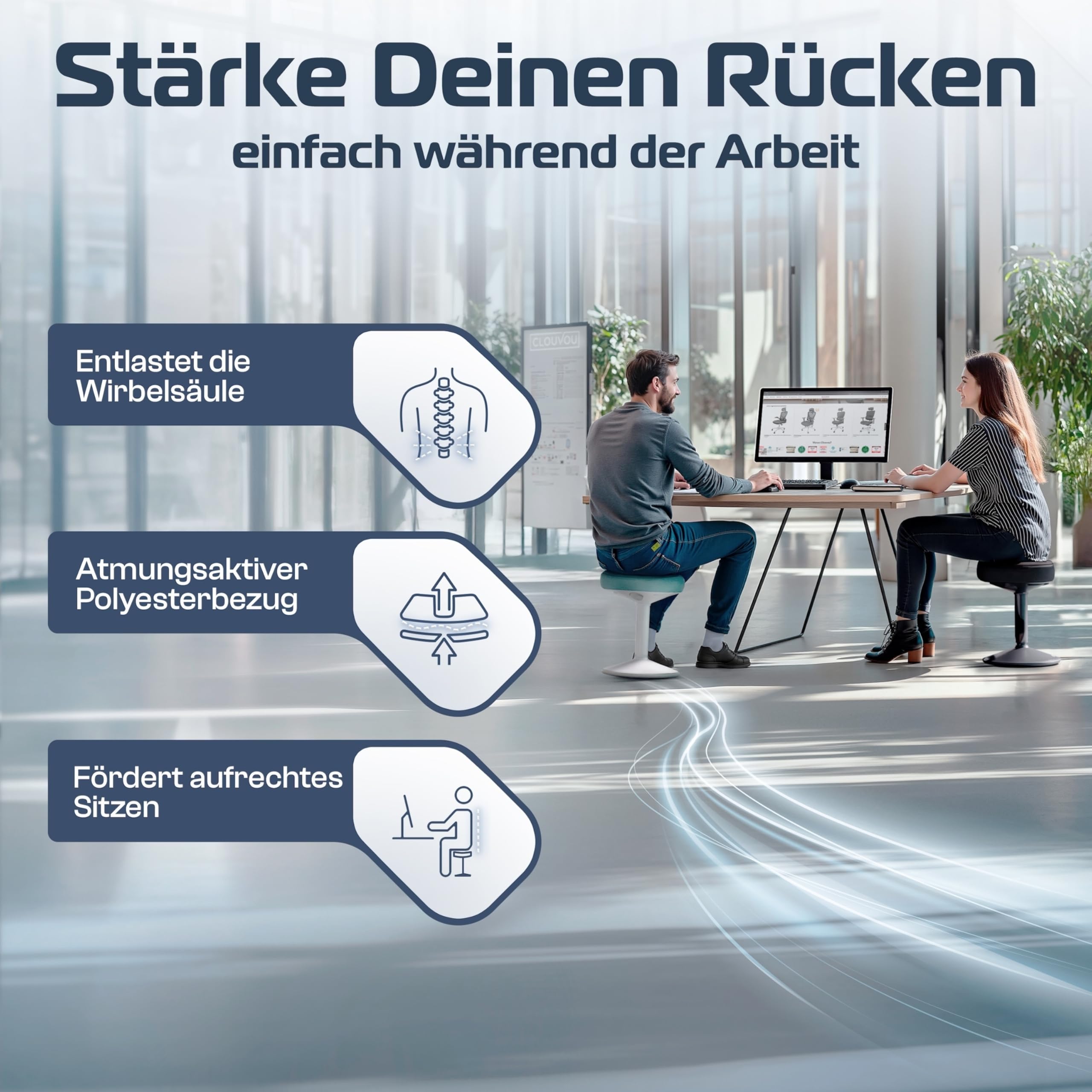 CLOUVOU Nexus Bürohocker Ergonomisch [ORIGINAL] Stehhocker Höhenverstellbar von 47cm bis 82cm - Ergonomischer Hocker Büro - Wackelhocker zur Stärkung des Rückens - Ergonomische Stehhilfe Büro