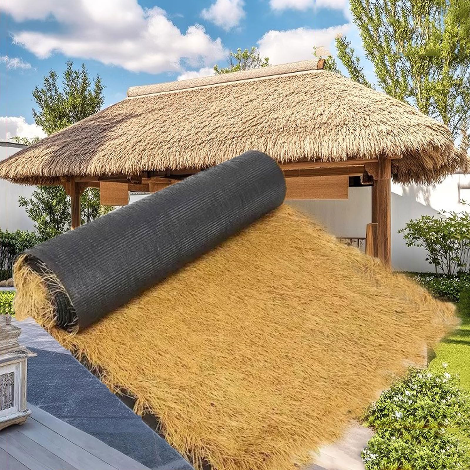 Artificial Thatch Straw Roof Roll for Tiki Bar Decor | UV-Resistant Yellow Synthetic Thatch Roofing for Poolside & Gardens | Waterproof Artificial Palm Thatch for Mexican Hut(Size:1*20m(3.2*65.6ft))