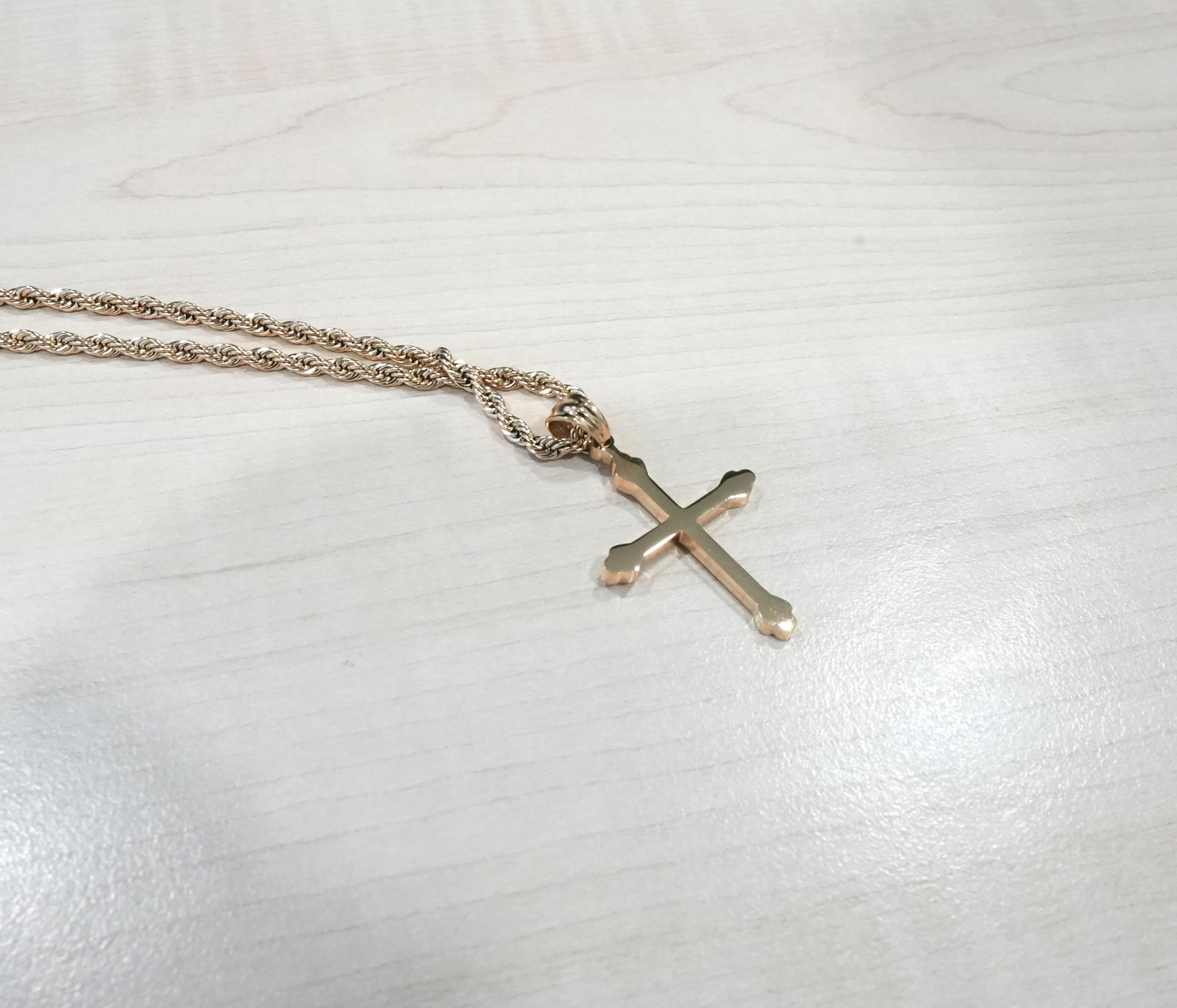18K Small Gold Cross Necklace Pendant Charm with 3MM Rope Chain Gift for Men Women Husband Wife Baptism Religious w/real strong Solid Clasp Fashion Jewelry