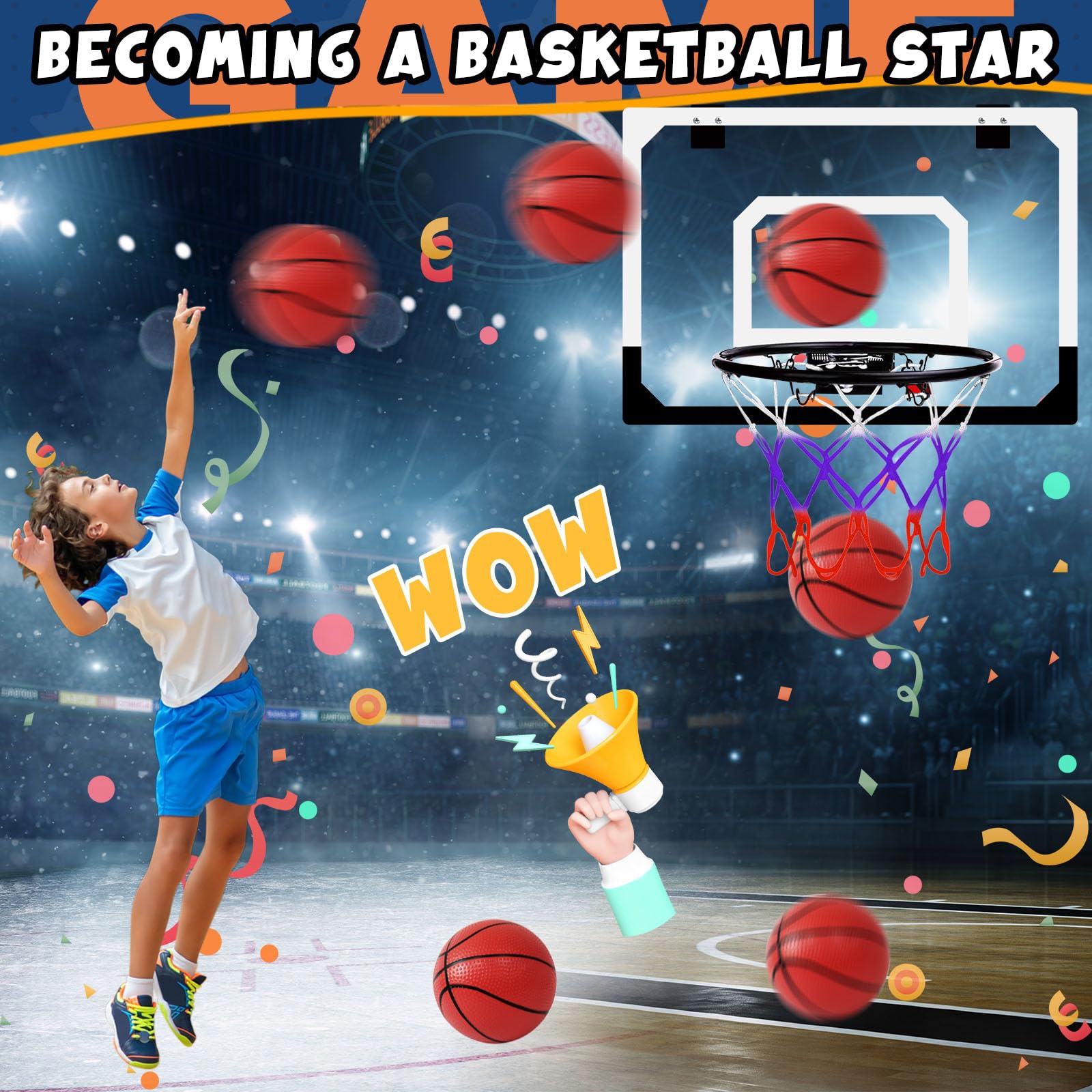 Mini Canasta Baloncesto para Niños, Aro de Baloncesto Interior Exterior Montado en la Pared, Kit de aro de Baloncesto Profesional con 4 Pelotas, Regalo para Niños y Niñas