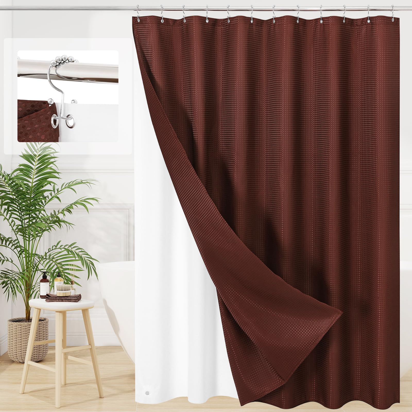 3 in 1 Brown Shower Curtain Set with PEVA Liner & 12 Hooks, 72 x 78