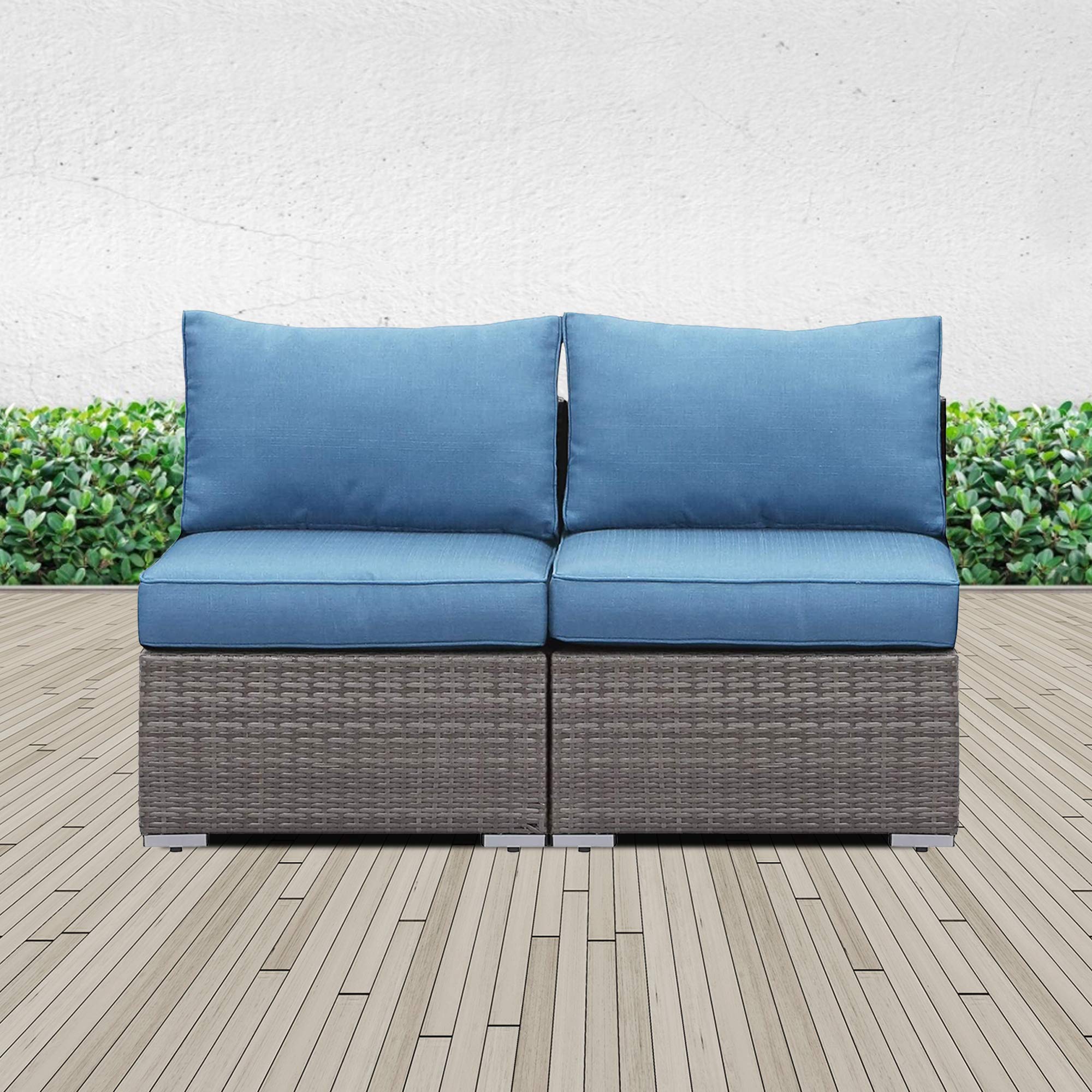 Solaste 2 PCs Outdoor Wicker Armless Sofa, Patio Rattan Sectional Sofa, All-Weather Additional Loveseat Furniture with Cushion for Porch Balcony Garden Poolside (Blue)
