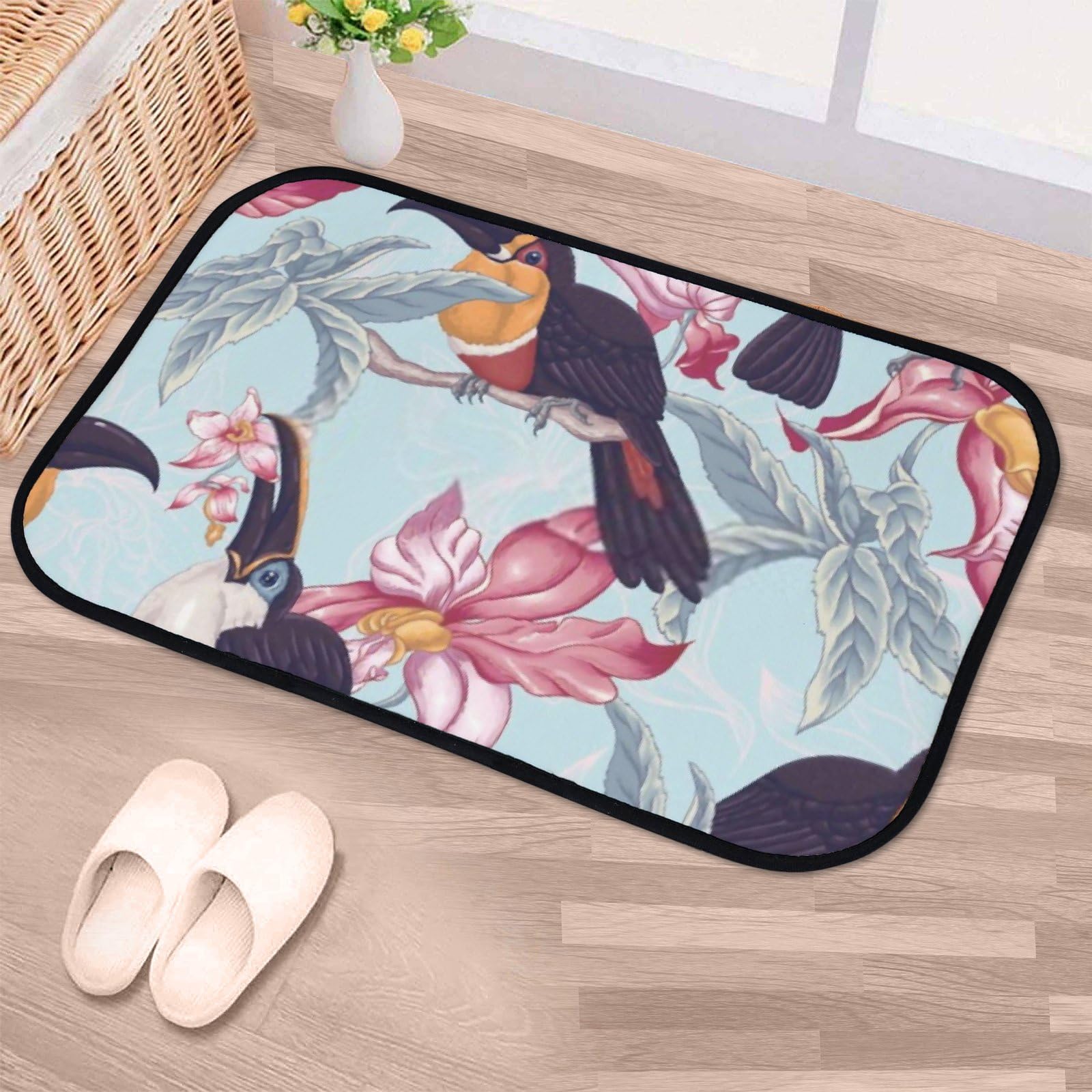 Nuansexi Bathroom Rugs Vintage Tropical Flowers Toucan Floor Mats Non Slip Bathmat Doormat Tub Mat Coral Velvet Absorbent Entrance Carpet Mats Machine Washable Bedroom Decor