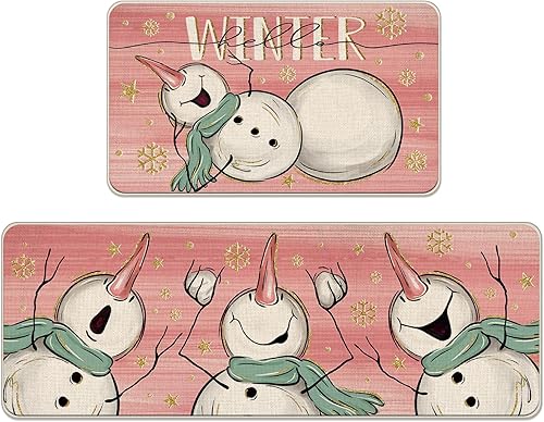 Juego de 2 alfombras de cocina con diseño de muñeco de nieve con diseño de copos de nieve, estrellas y copos de nieve, decoración rosa de Navidad,