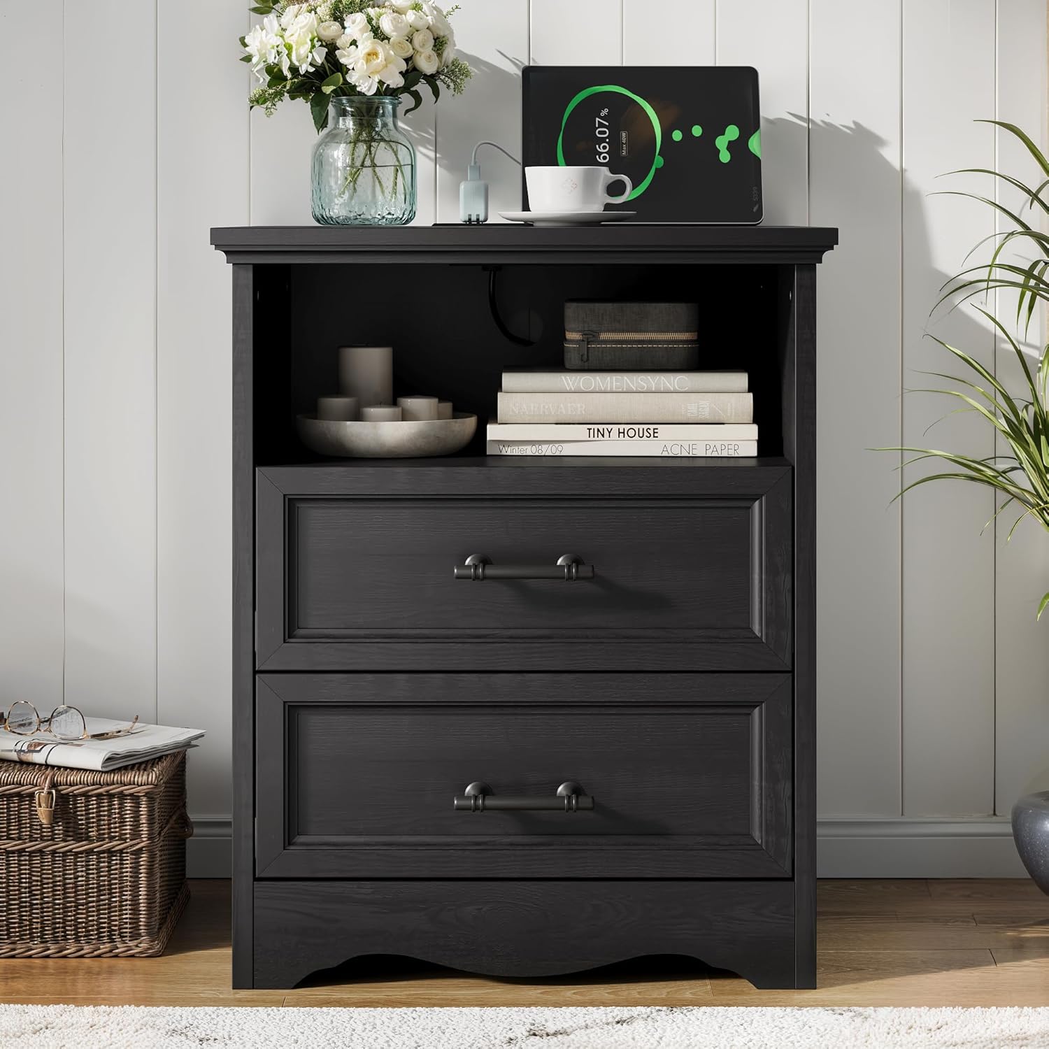 Black Night Stand with Charging Station, Farmhouse Bedside Table & End Table with 2 Drawers and Unique Base Design, Wood Nightstand with Metal Handles for Bedroom, Living Room