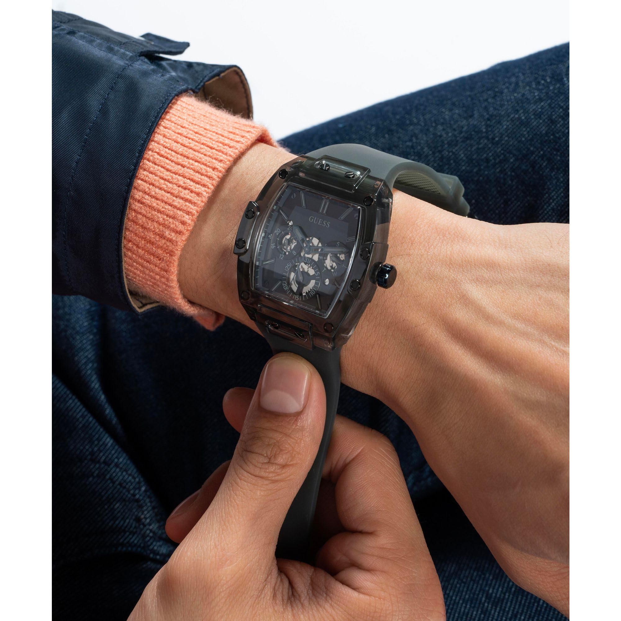 Guess Trend Casual Tonneau Diamond - Reloj para Hombre, 43 mm, Esfera Negra, Caja y Pulsera de Acero Inoxidable