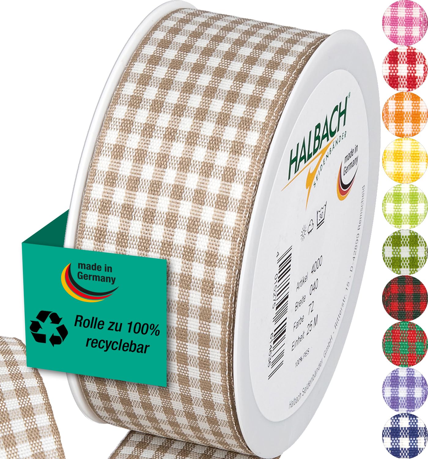 Halbach Seidenbänder Vichy - Cinta de regalo (lino), 40 mm de ancho, 25 m de longitud, fabricada en Alemania, a cuadros en muchos colores