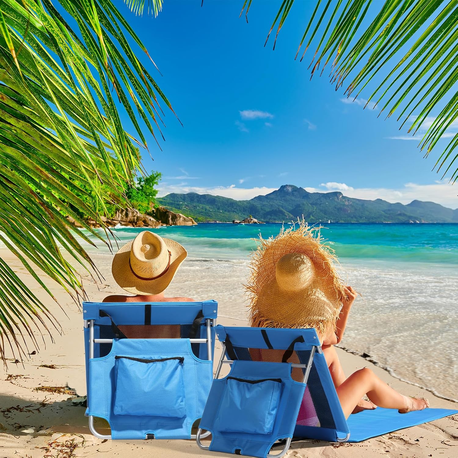 Portable Foldable Beach Lounger, Lightweight Beach Mat Lounge Chair with Breathable Mesh Tote, Cooler Pocket for Tanning Relaxing, Compact & Ultimate Gear (Blue)