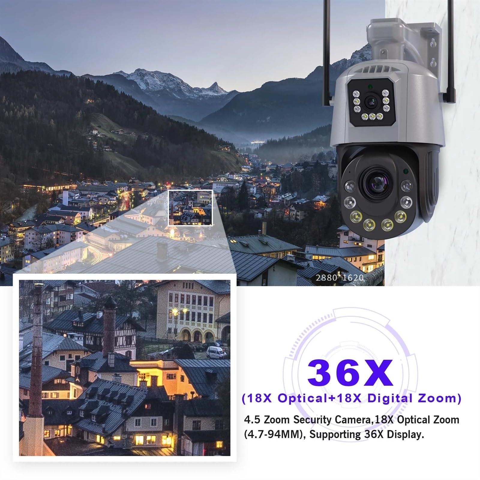 Kamera Dzwonkowa, 6MP Camera Dual Lens 36X Zoom Outdoor PTZ Security Protection Surveillance Cameras Human Detection 4G Sim Card IP Cam CCTV(36XZoom WiFi Camera)