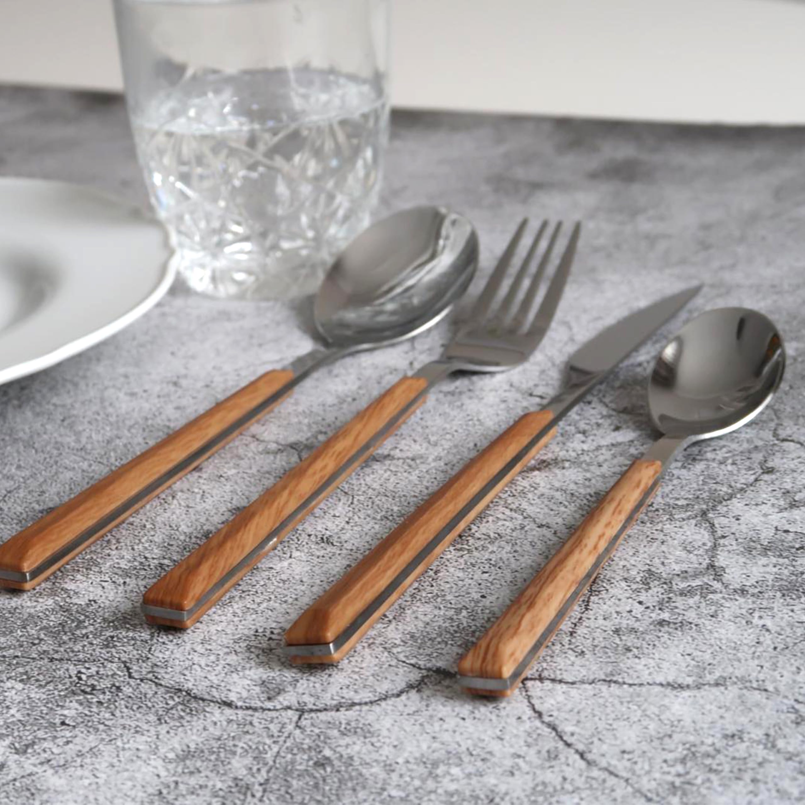 Ménagère 16 pièces grain bois vaisselle inox manche ABS - BWD