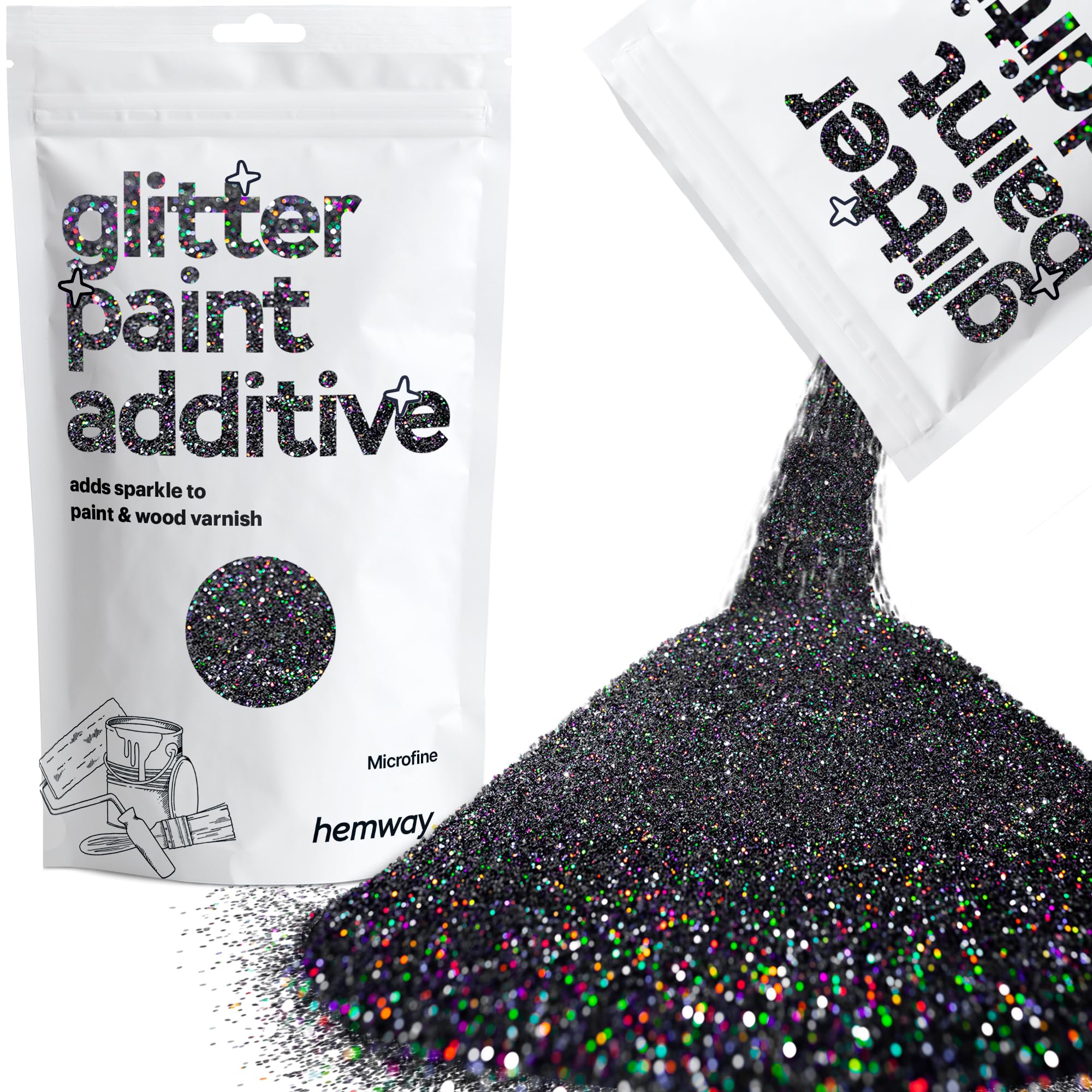 Hemway Glitter Paint Additive 100g / 3.5oz Crystals for Acrylic Emulsion Paint - Interior Wall, Furniture, Ceiling, Wood, Varnish, Matte - Microfine (1/256" 0.004" 0.1mm) - Black Holographic
