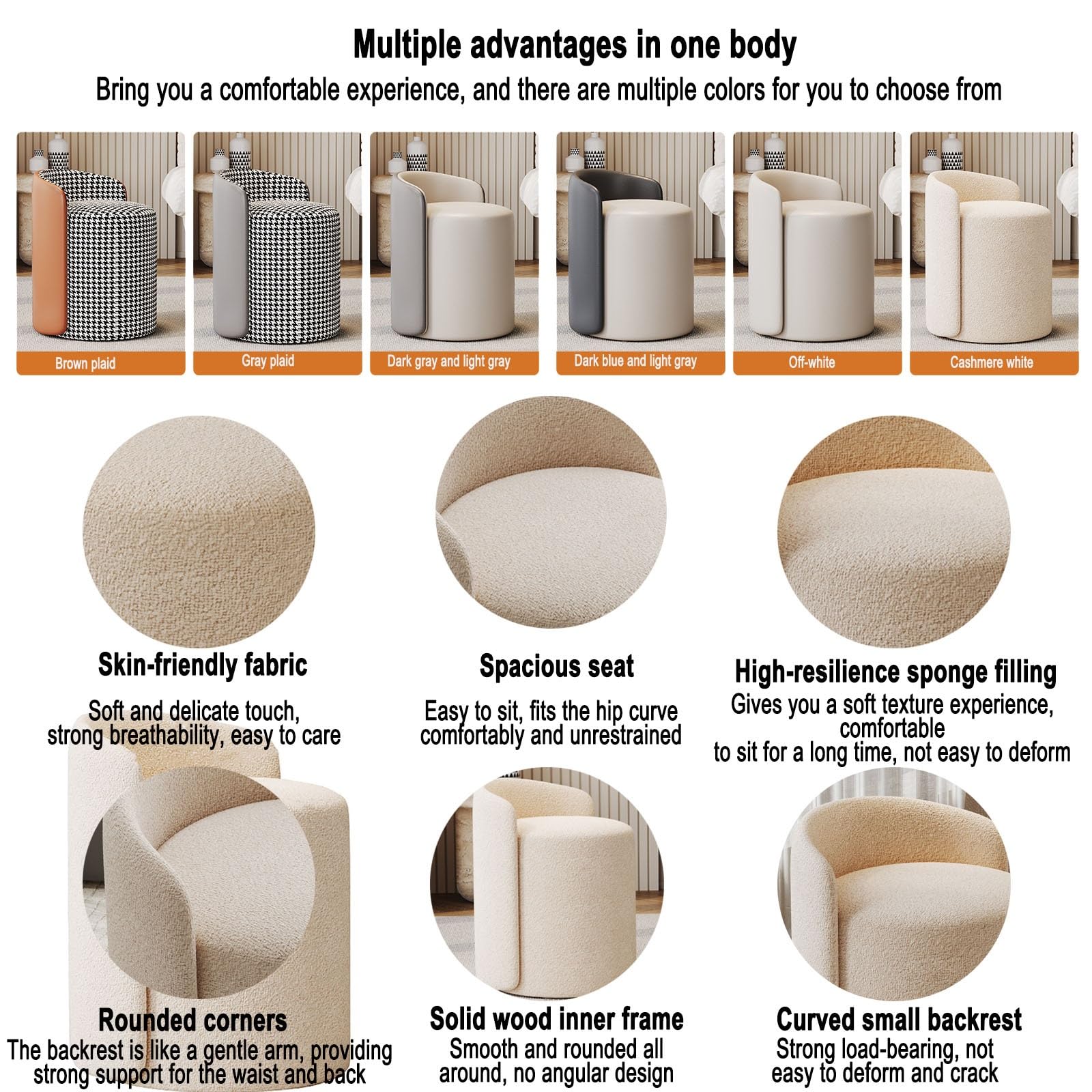 Comodo sgabello da toeletta con schienale, pouf basso rotondo in pelle, sedia da trucco girevole in pelle, sgabello da toeletta imbottito in PU, poggiapiedi(Off-white)