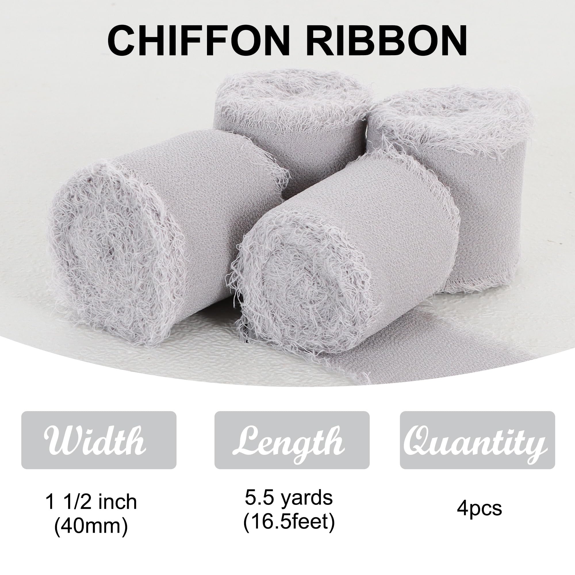 TONIFUL 4 Rolls Grey Chiffon Ribbon 1 1/2 inch× 5.5 Yards Fabric Silk Ribbon for Gift Wrapping Wedding Party Decoration Flower Bouquet Wrapping Bows Making DIY Crafts(Total 22yards) - Image 2