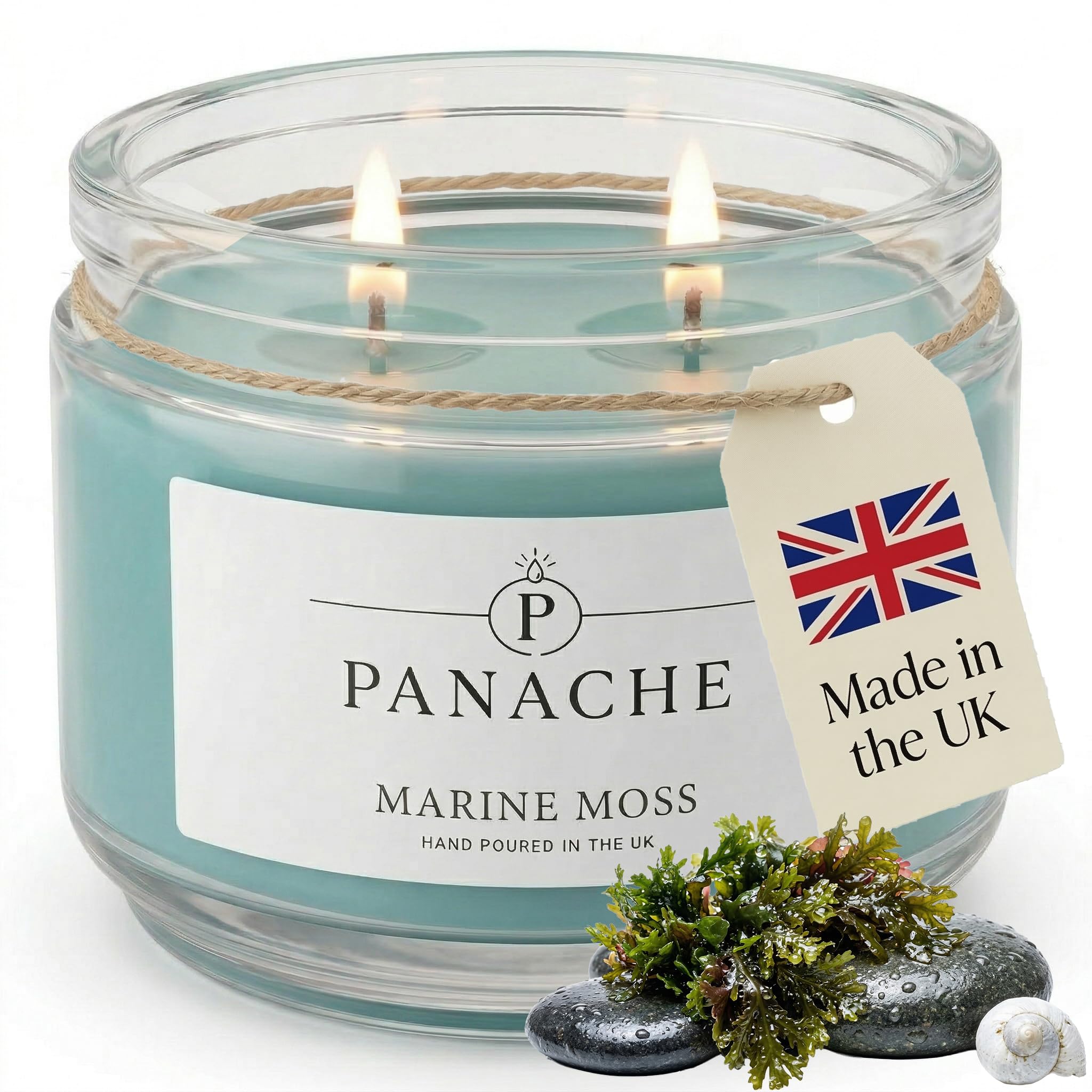 Zan Village Homeware Marine Moss Panache Scented Candle – Double Wick Soy Wax Candle, 48 Hour Burn Time, Hand Poured In Uk, Clean Burning Cotton Wicks, Luxury Glass Jar Candle For Home Fragrance & Gifts (320G)