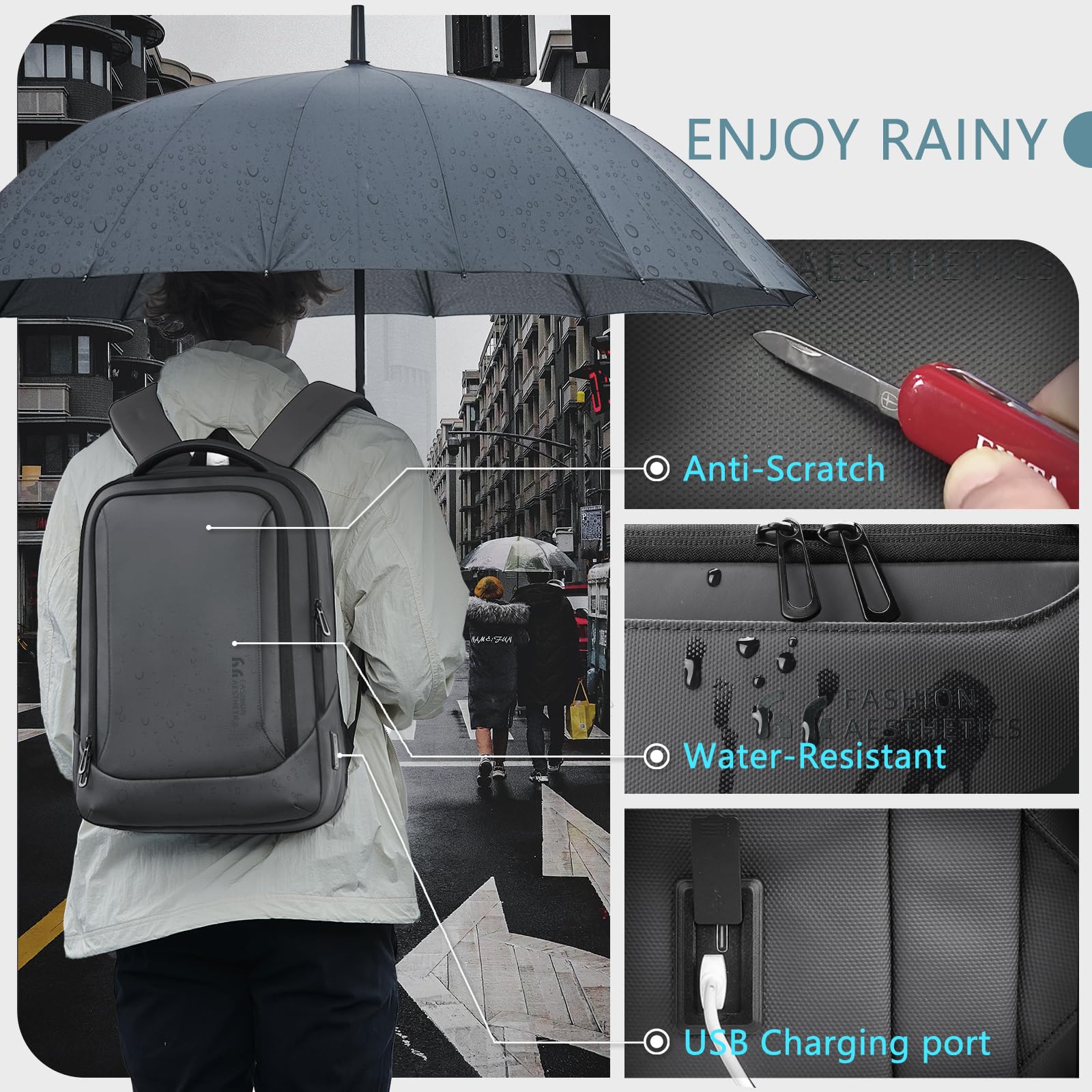 hk Zaino per laptop da uomo con porta di ricarica USB, impermeabile, per computer da 15,6 pollici, resistente, high-tech, zaino casual per lavoro, università, weekender, viaggi, grigio scuro, grigio