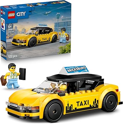 LEGO City Yellow Taxi Cab Toy - EV Car Model Kit w/ 2 Minifigures & Removable Roof - Fine Motor Skills Set - Small Birthday Gift Idea for 5+ Year Old Boys - 60487