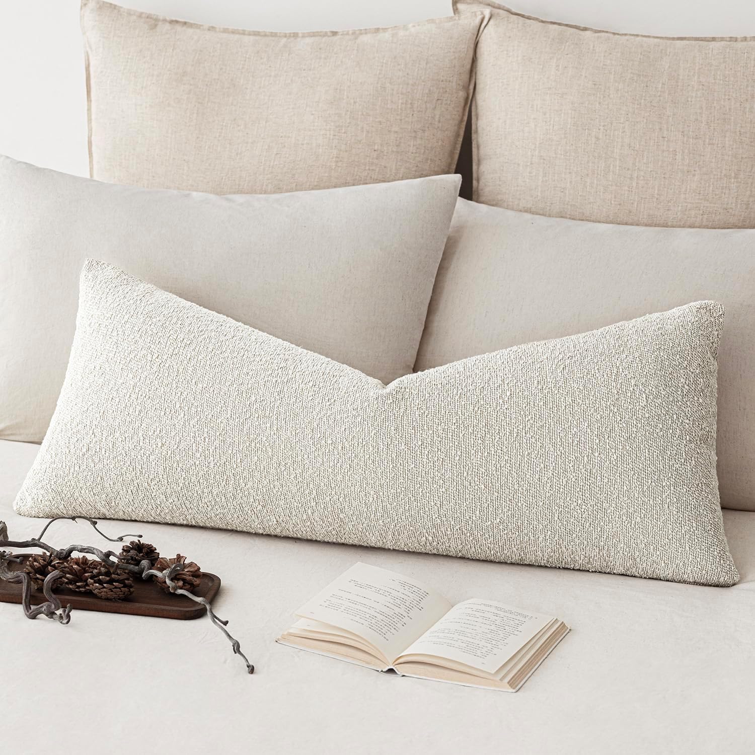 Foindtower Textured Boucle Throw Pillow Covers Accent Solid Lumbar Pillow Cases Cozy Soft Decorative Couch Cushion Case for Chair Sofa Bedroom Living Room Home Decor, 12 x 20 Inch,Light Beige