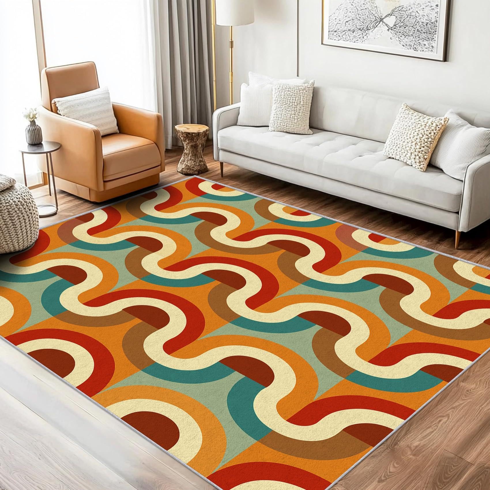 Tappeti per soggiorno retrò in stile anni '70, arancioni, 90x180 cm, onde astratte di metà secolo, anni '70 e '80, lavabili, antiscivolo, morbidi, per camera da letto, cucina, zerbino
