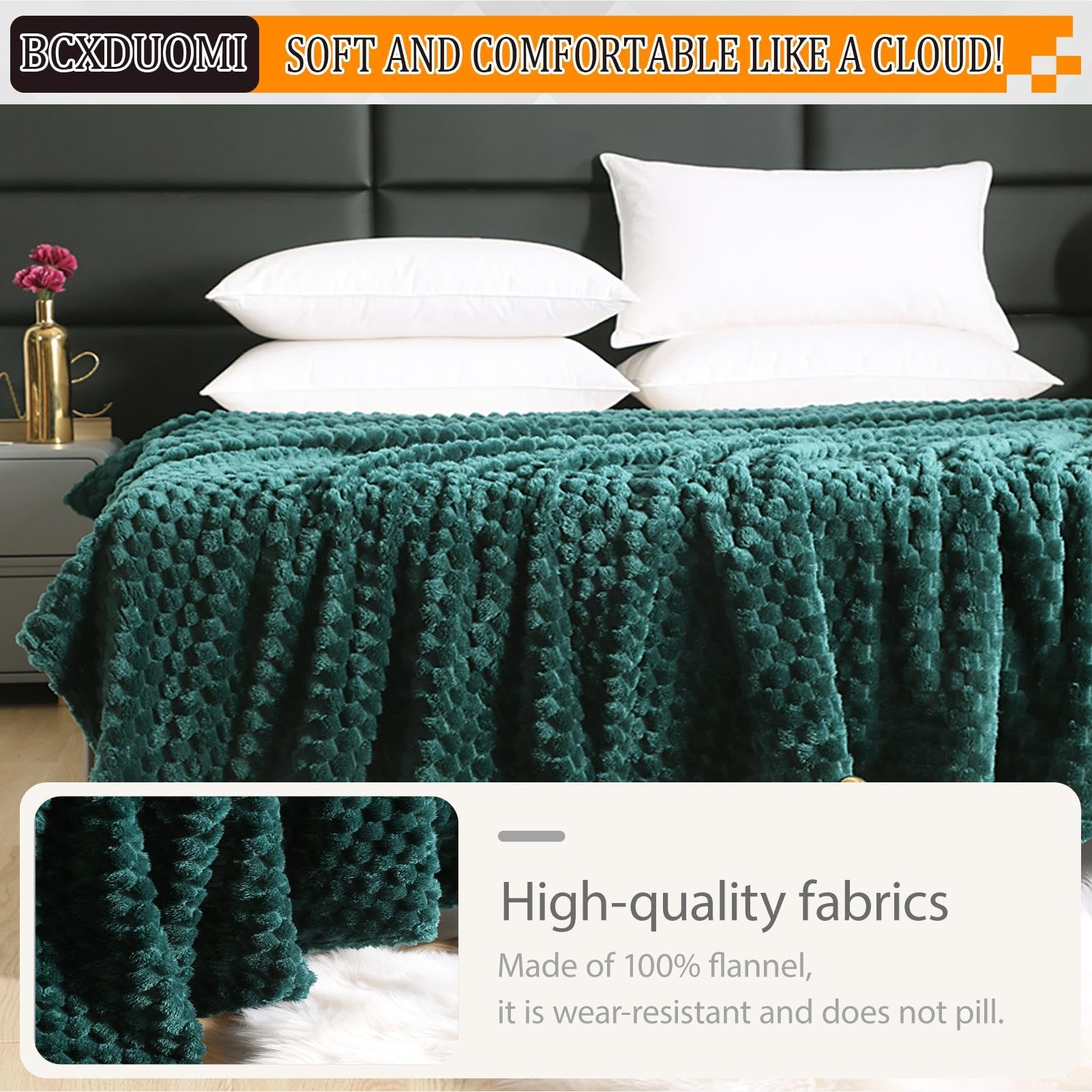 Flanelowy Koc 75 x 300 cm Przytulny Lekki Oddychający Dwustronny/Odwracalny Można Prać W Pralce Multiuso/Na Sofę I Łóżko, Ciemnozielony