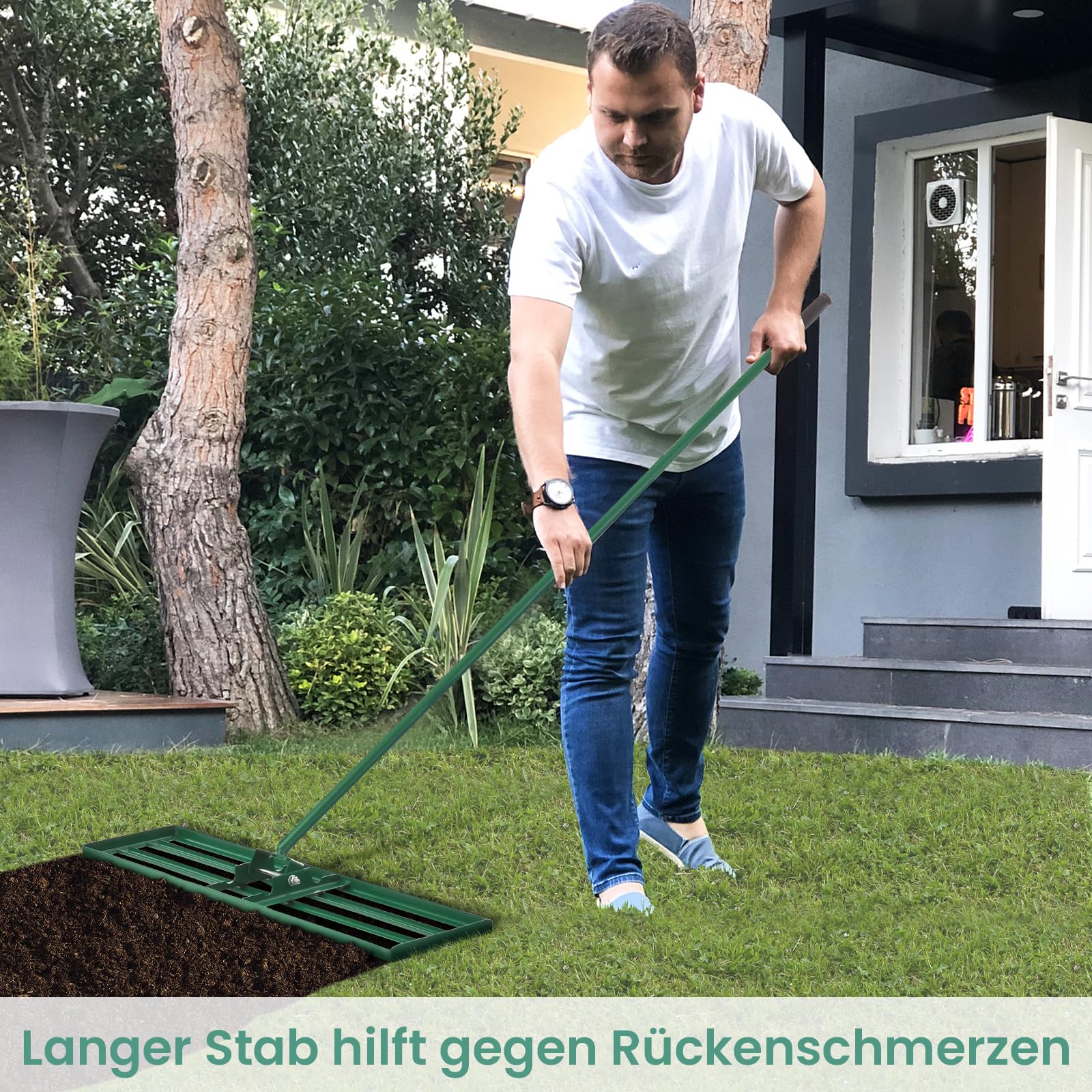COSTWAY Rasen Nivellierrechen Metall, Rasenrechen mit ergonomischem Griff, Nivellierung von Sand Boden, Rechen Flächenebner Rasenwerkzeug, für Garten Hinterhof Golfplatz, Grün (91 cm x 25 cm)