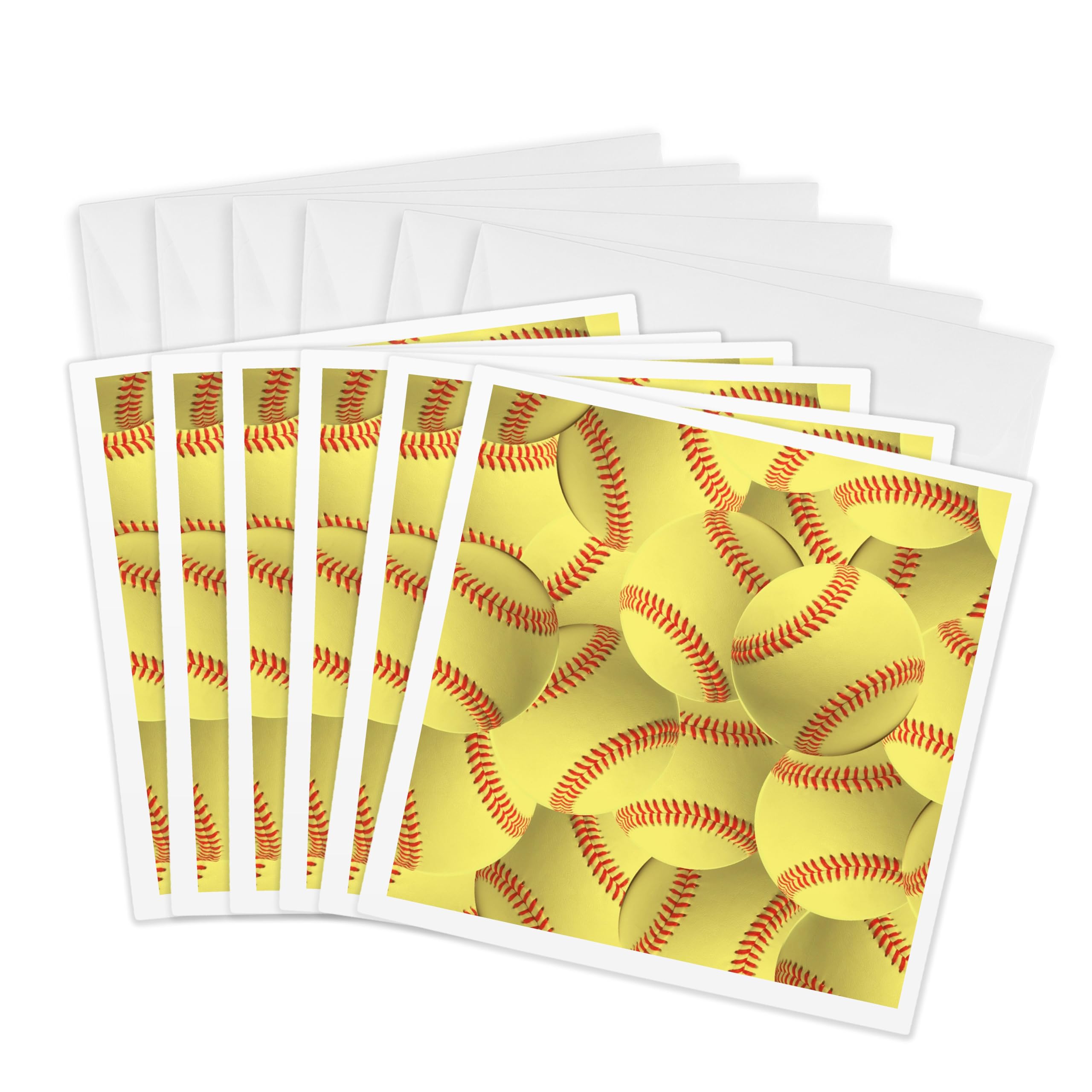 3dRose Softball Pattern Yellow Red Stitched Balls Soft Ball Sport Sporty Sporting Game Team Jock Greeting Cards, Set of 6 (gc_161324_1)