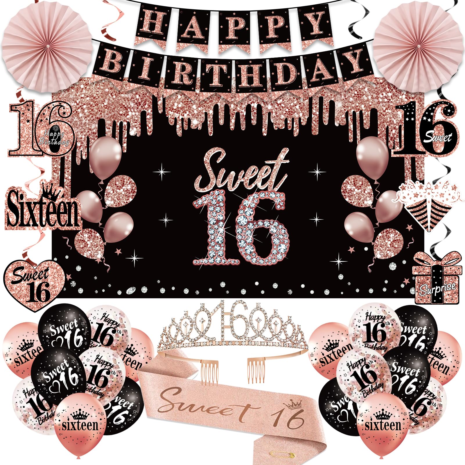 Photo 1 of 16th Birthday Decorations for Girls, 33pcs Sweet 16 Crown and Sash, Black Rose Gold Happy 16th Birthday Banner Balloons Backdrop Hanging Swirls Paper Fans, Sixteen Party Decorations Kit