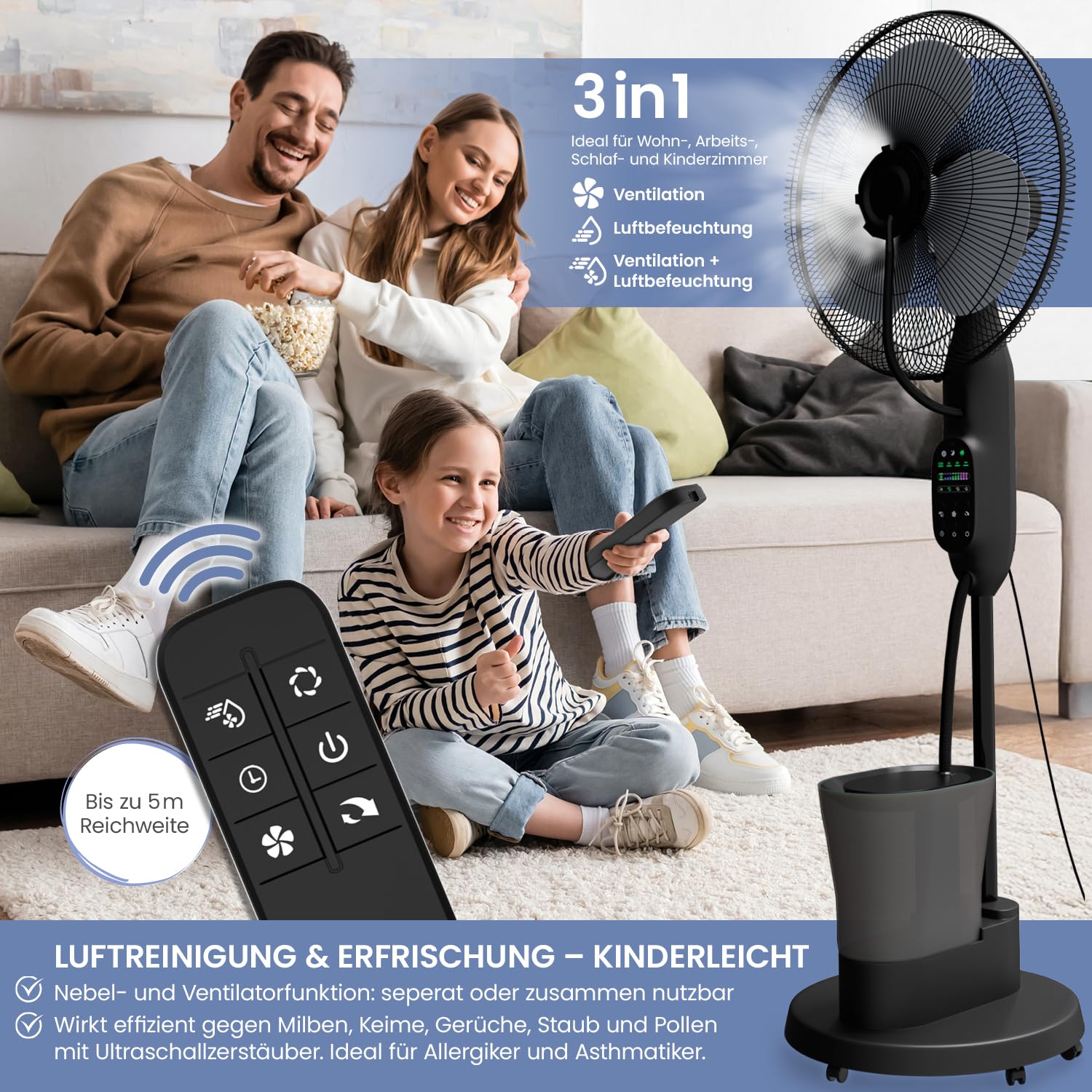 NEU Ventilator mit Wasserkühlung, Standventilator sehr leise mit Fernbedienung, Luftkühler mit Timer-Funktion, Drei Geschwindigkeiten, Schwenk- und Neigefunktion, schwarz