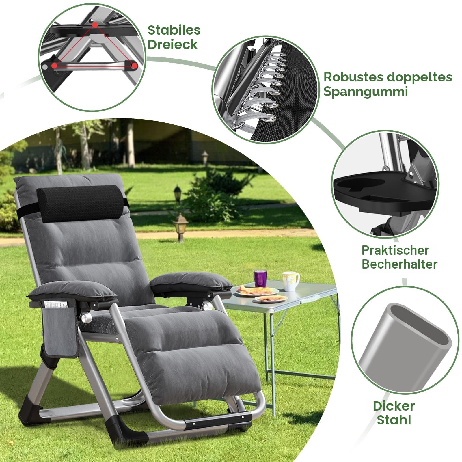 SUNYRISY Sonnenliege Liegestuhl Klappbar, 200KG Belastbar Zero Gravity Chair mit Kissen Unterstützung Getränkehalter, Extra Breit Verstellbare Gartenliege für Patio Garten Strand Pool