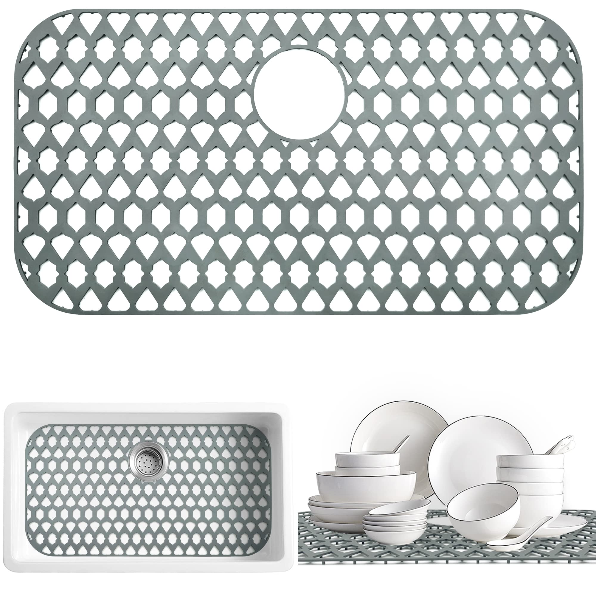 SAMSIER Large Sink Protectors for Kitchen Sink 19x14 & 26x14 & 28x14.4 & 30x16, Silicone Sink Mats Grid for Bottom of Farmhouse Stainless Steel Sink (30�x16�, Rear Drain)