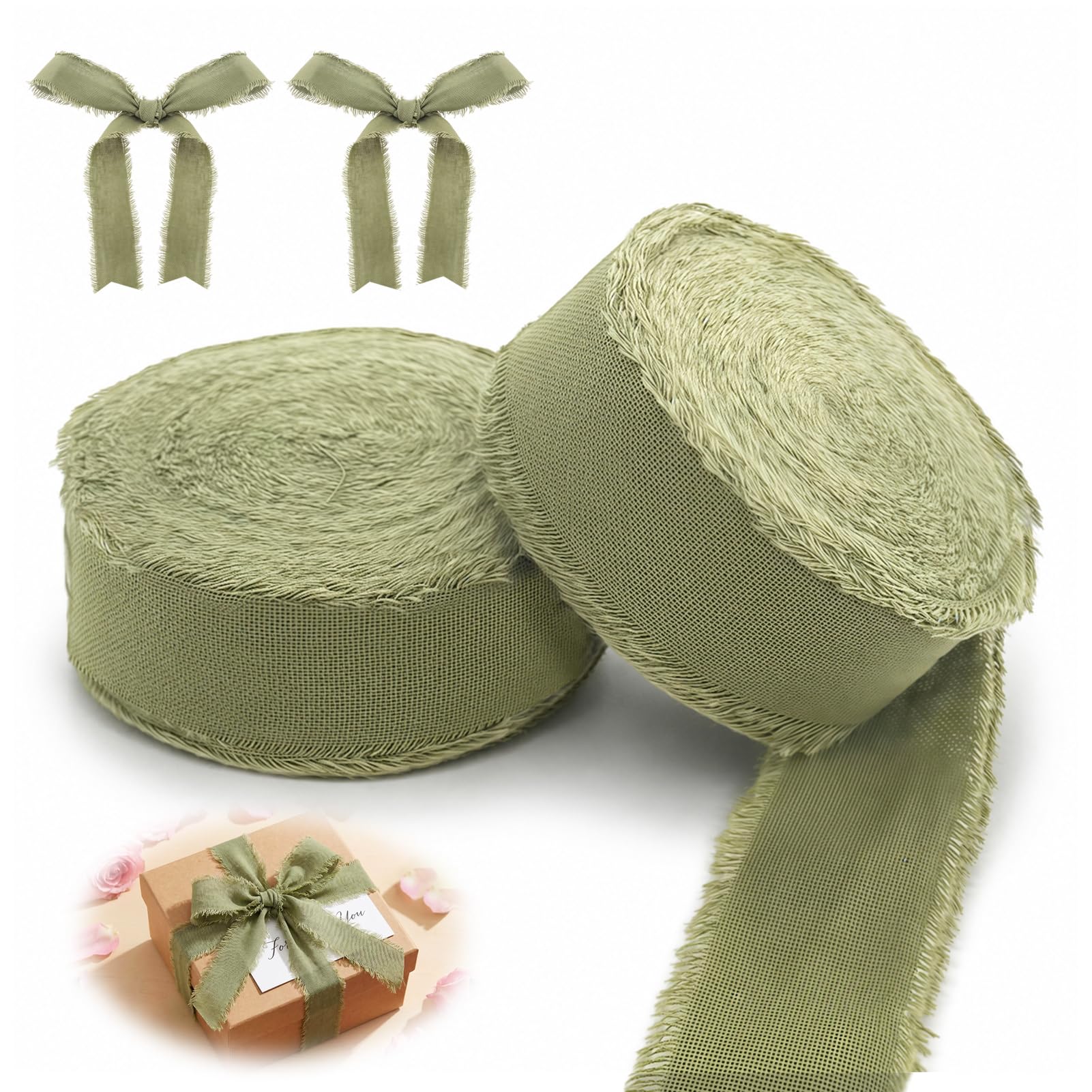 Sage Green Cotton Ribbon with Frayed Edges for Gift Wrapping Vintage