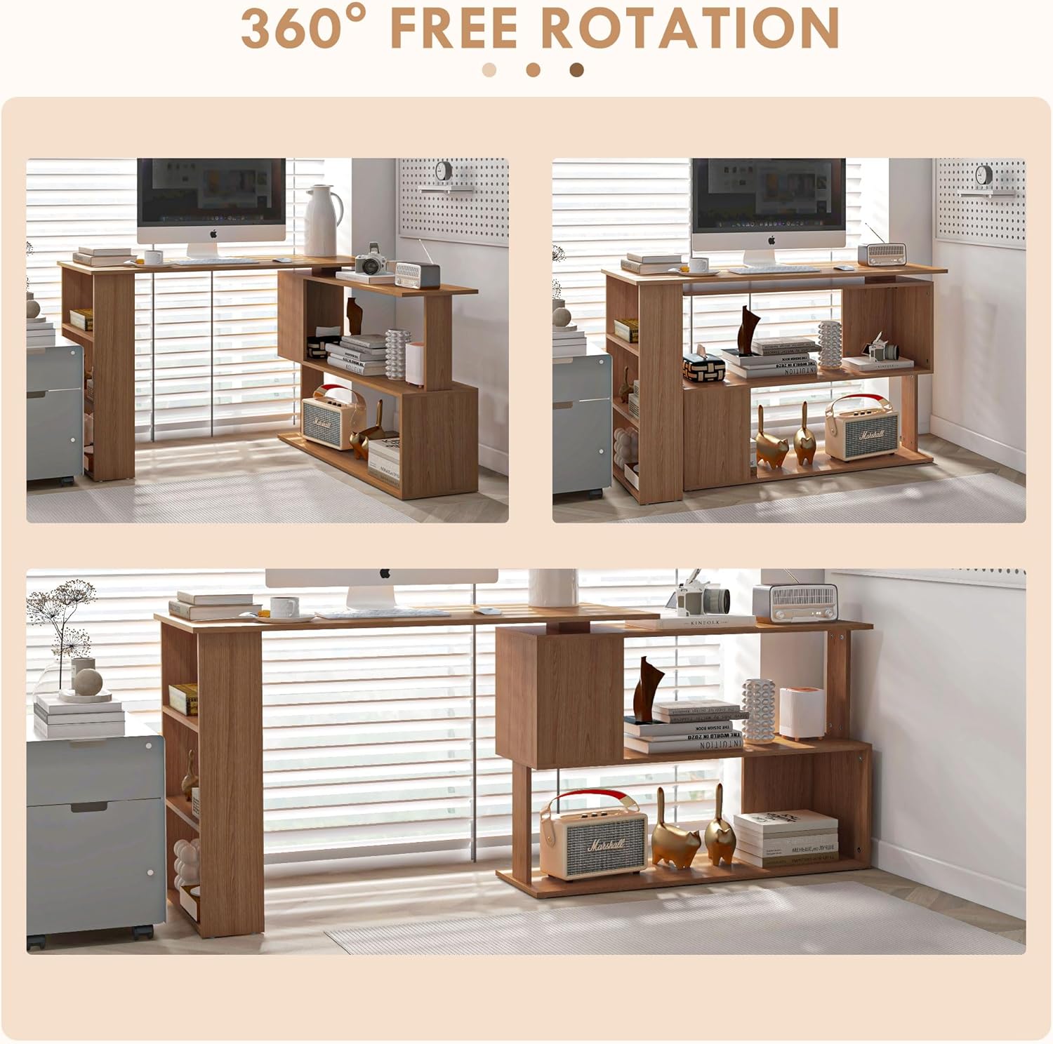 HOMCOM L Shaped Desk, Corner Computer Desk, 360 Degree Rotating Home Office Desk with Storage Shelves, Writing Table Workstation, Teak