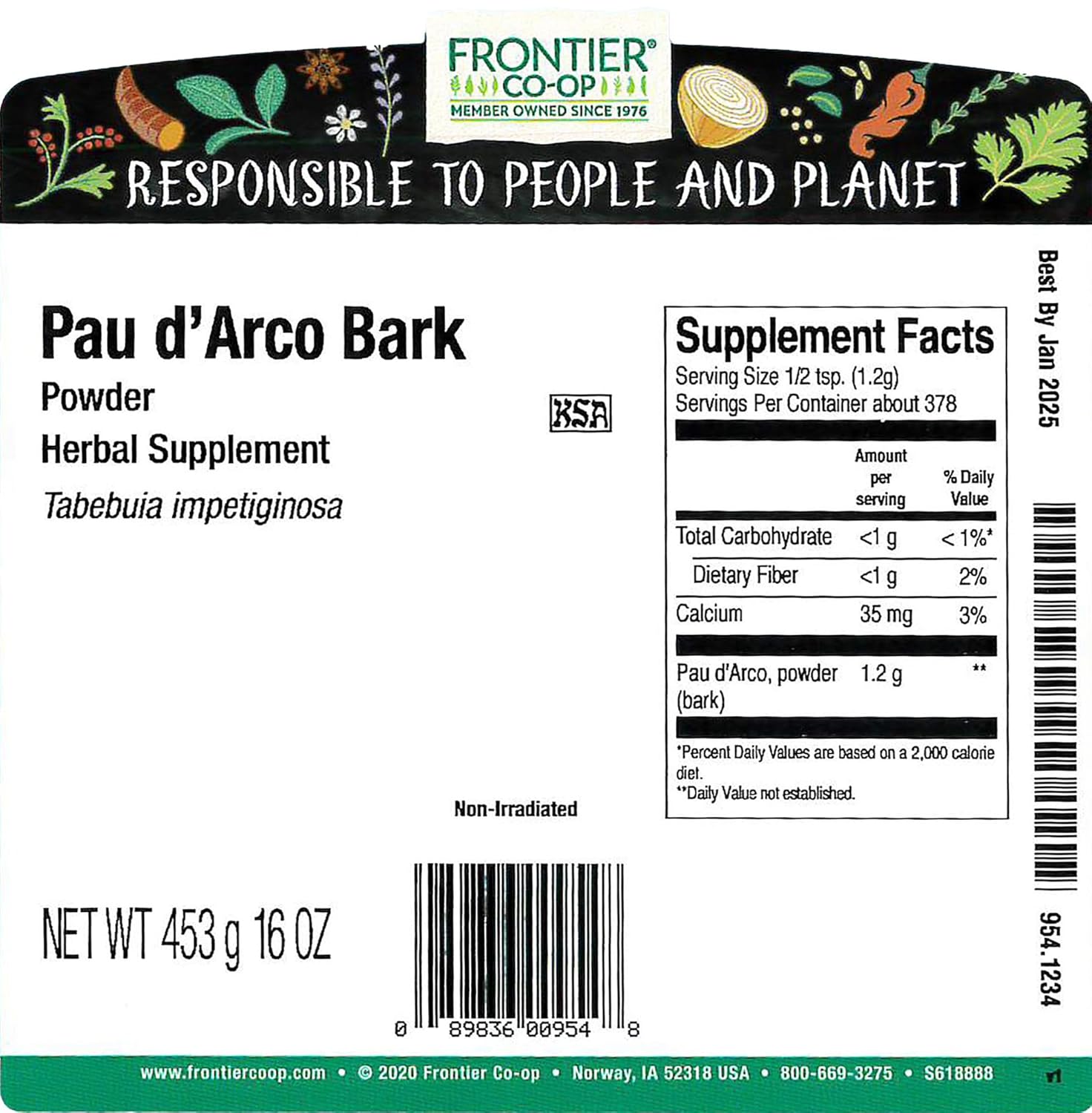 Frontier Co-op PAU d'Arco Bark Powder, Ground, Natural Herb for PAU d'Arco Tea and Various Herbal Uses, Kosher | 16 Ounce (Pack of 1)