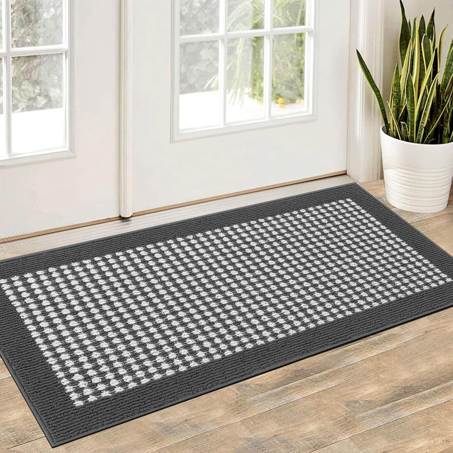 Ileading Kitchen Mat Sets 3 Piece Minimalist 3D Lattice Kitchen Floor Rugs with Non Slip Rubber Backing Machine Washable Farmhouse Runner Rugs for Laundry Hallway Doormat(Dark Gray)
