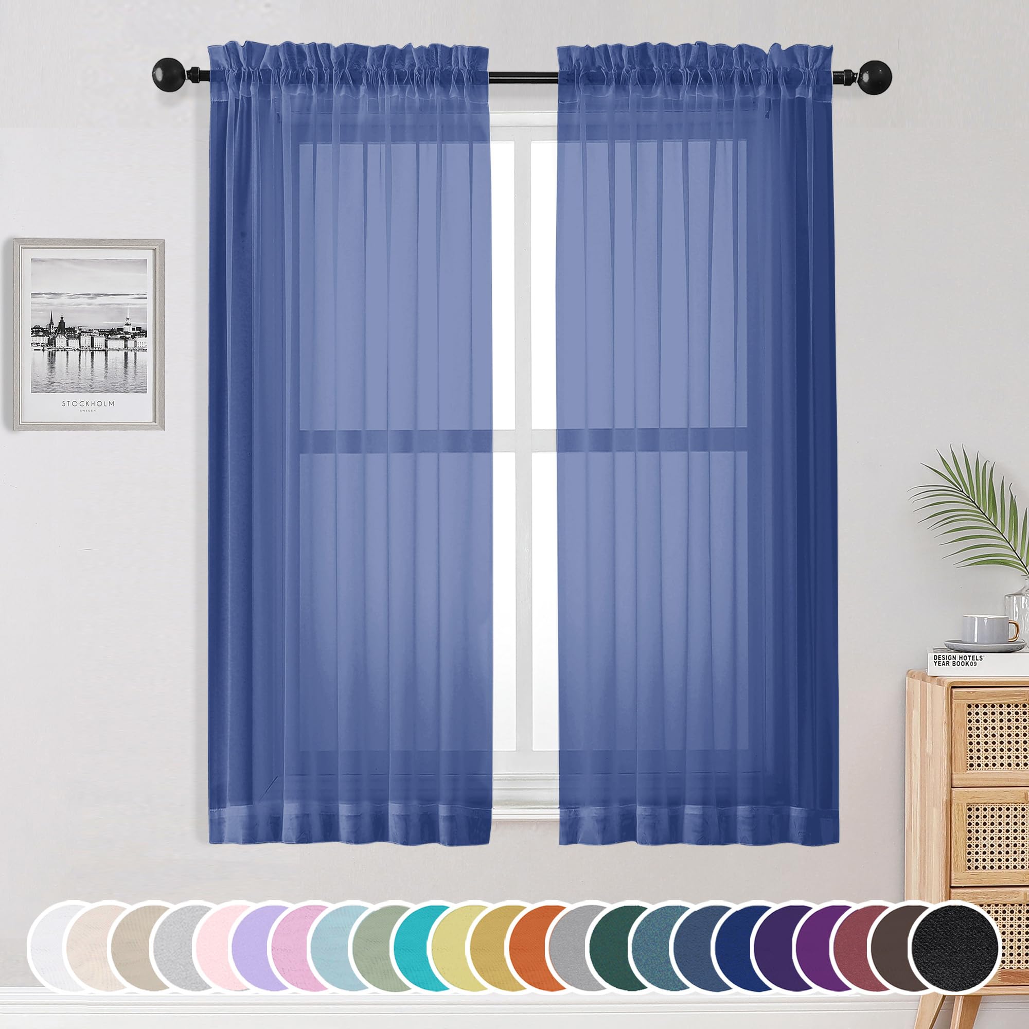 Sheer Curtains 63 Inch Length 2 Panels Set, Light Weight Soft Solid Fimly Sheer Curtains for Bedroom Living Room, Light Filtering Airy Voile Sheer Curtain, Royal Blue, 42Wx63L Inch