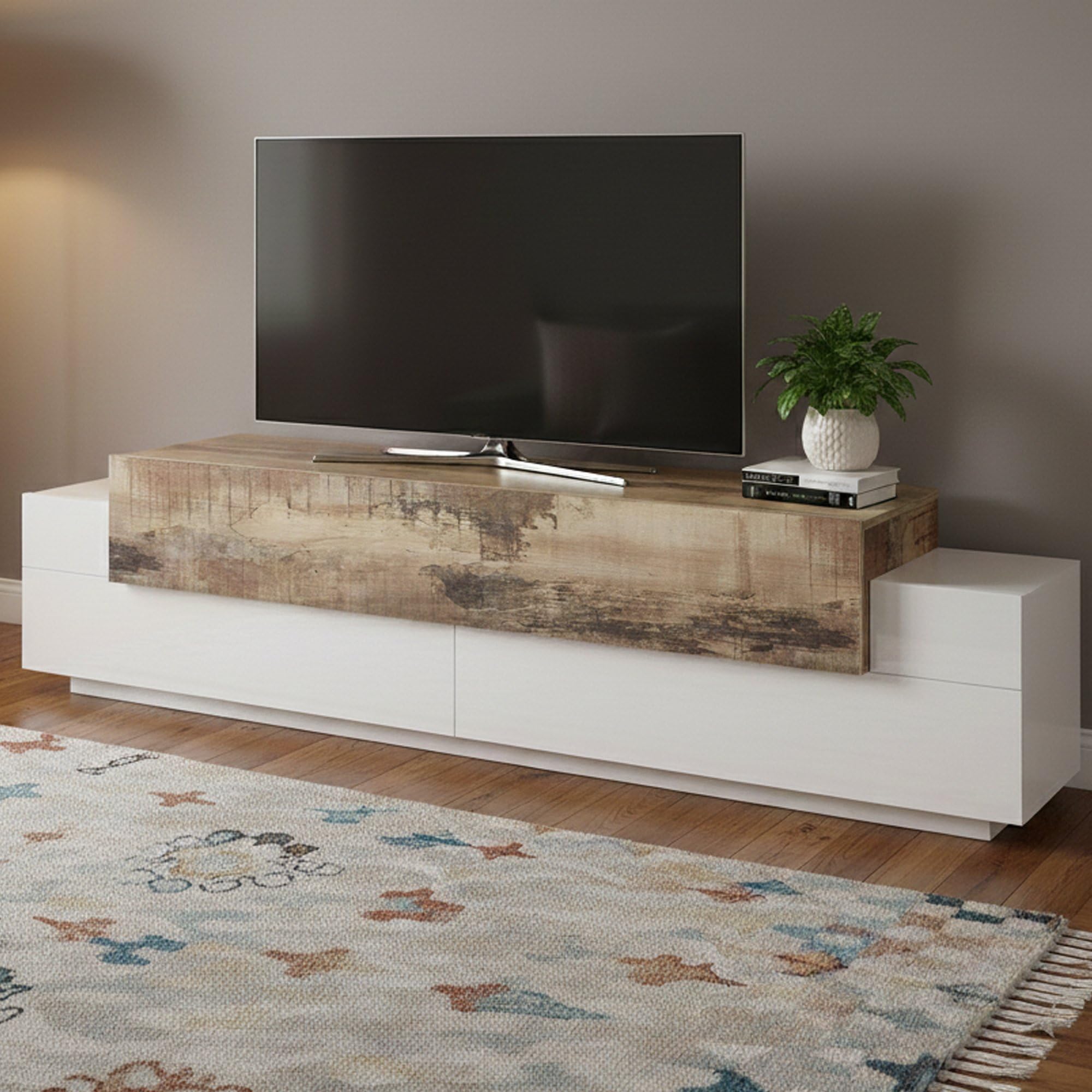scaffale tv in glossy white e legno maple per salotto