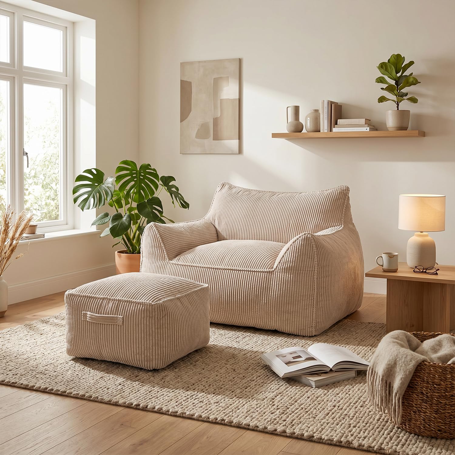 PREMTURE 117cm XL Floor Sofa Bean Bag Chair with Footstool - Corduroy Lounge Set, Grey White