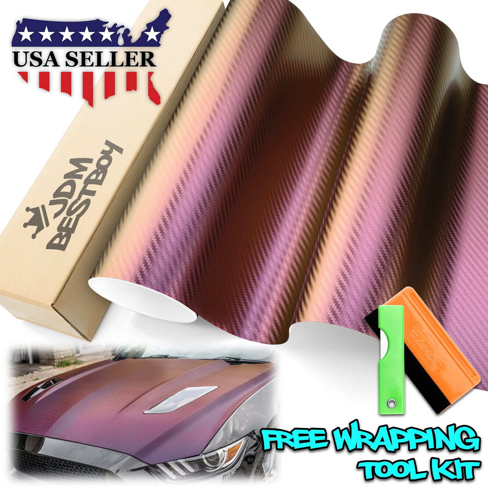 Free Tool Kit Chameleon Purple Gold 3D Carbon Fiber Textured Matte Car Vinyl Wrap Sticker Decal Film Sheet Color Shifting Change - 12
