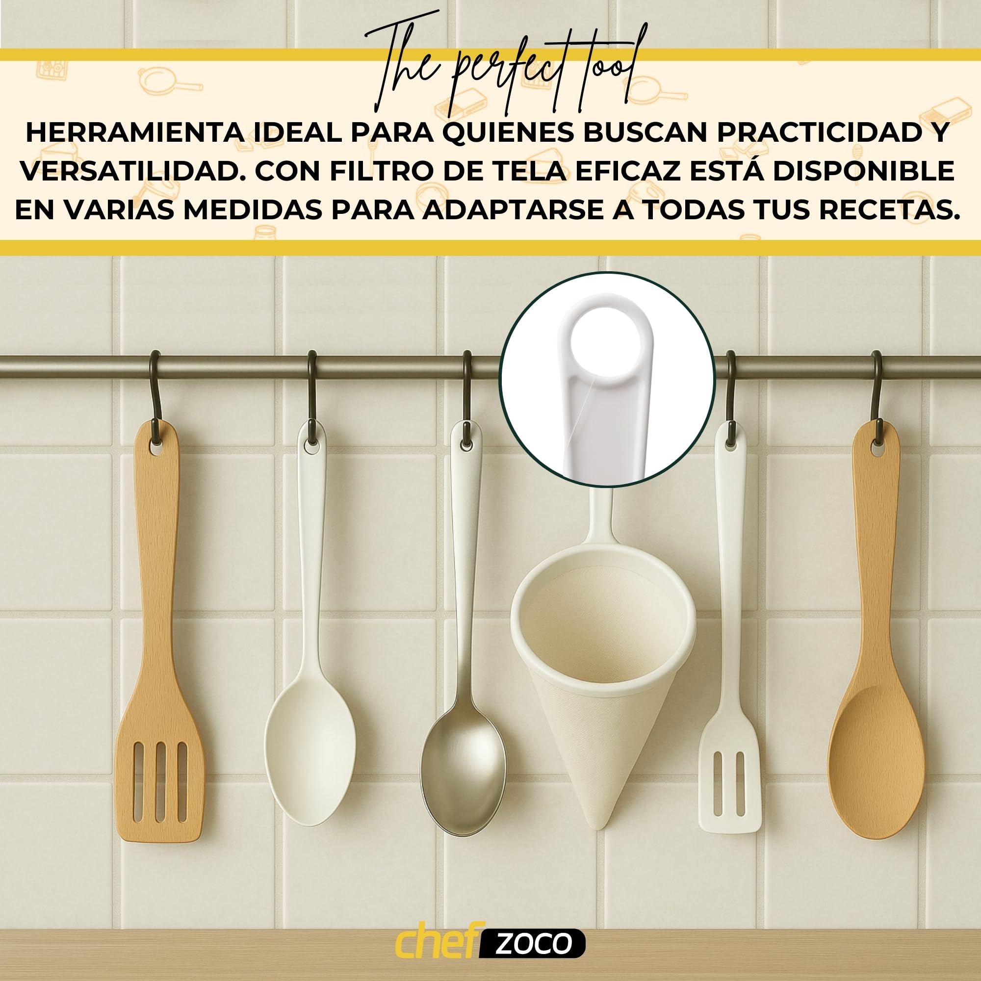 Colador de Cocina Multiuso de Tela, Colador kefir, Utensilio para colar cafe, Filtro Eficiente para Aceite y Jugos, Mango de plástico, Con 2 ganchos de sujeción, Diámetro del colador 10 cm - imagen 4