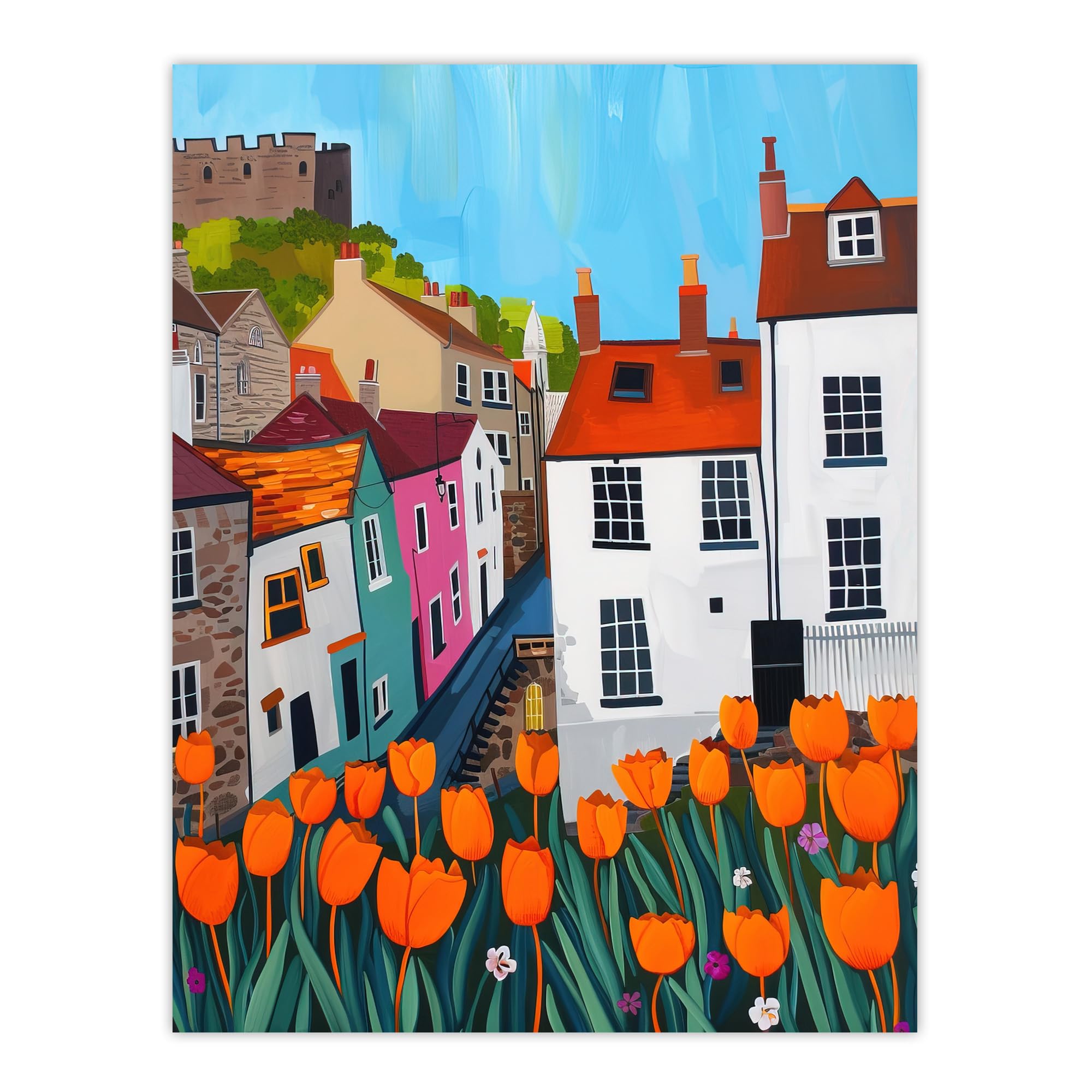 Blooming Tulip Flowers Yorkshire Castle Town Wall Art Print - Artery8 - W24 inch x H32 inch