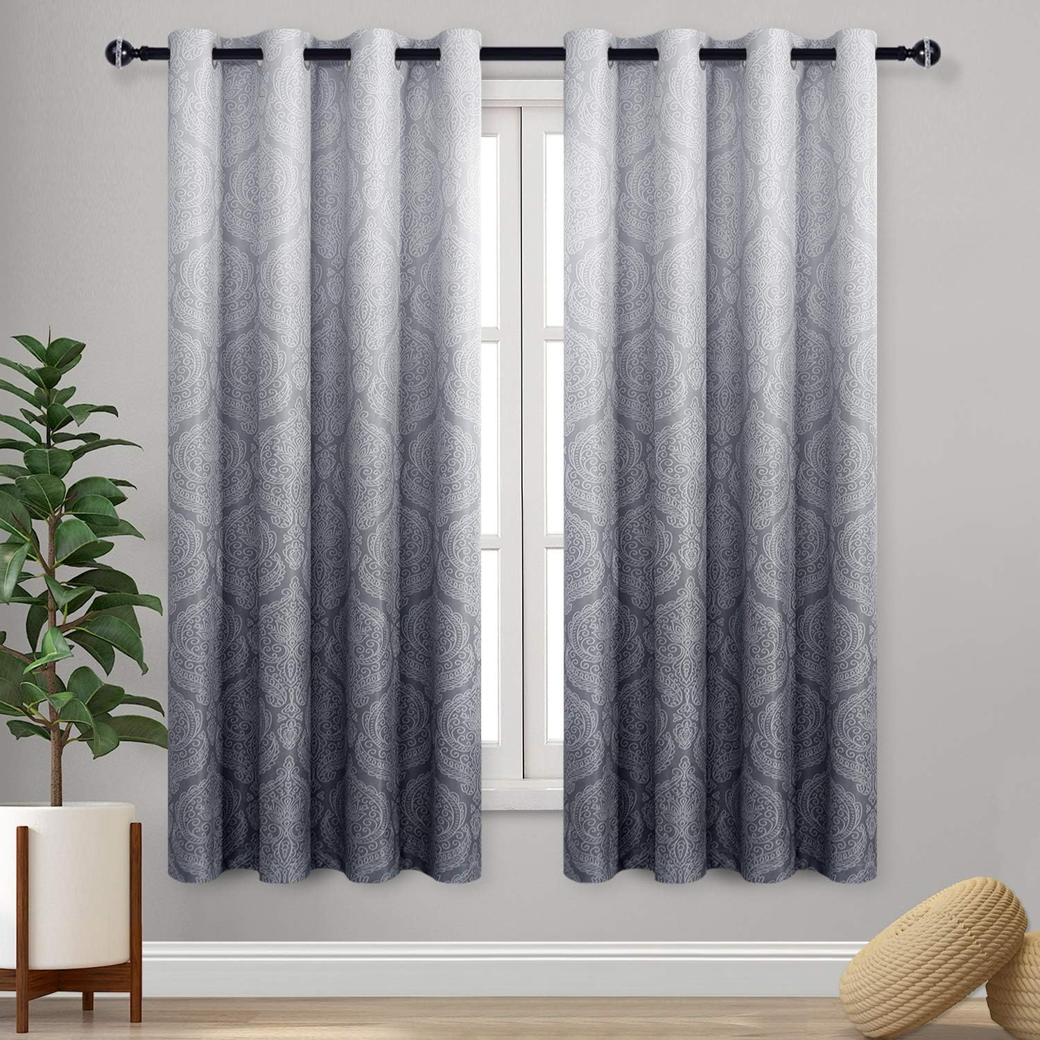 DWCN Grey Damask Ombre Blackout Curtains Bundle Ombre Sheer Curtains, Set of 4 Window Curtain Panels, 52 x 63 Inch Length