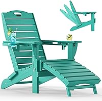 Vista 10 de Ciokea Juego de 2 sillas plegables Adirondack con otomano retráctil para hoguera, silla de patio con reposapiés extraíble, resistente a