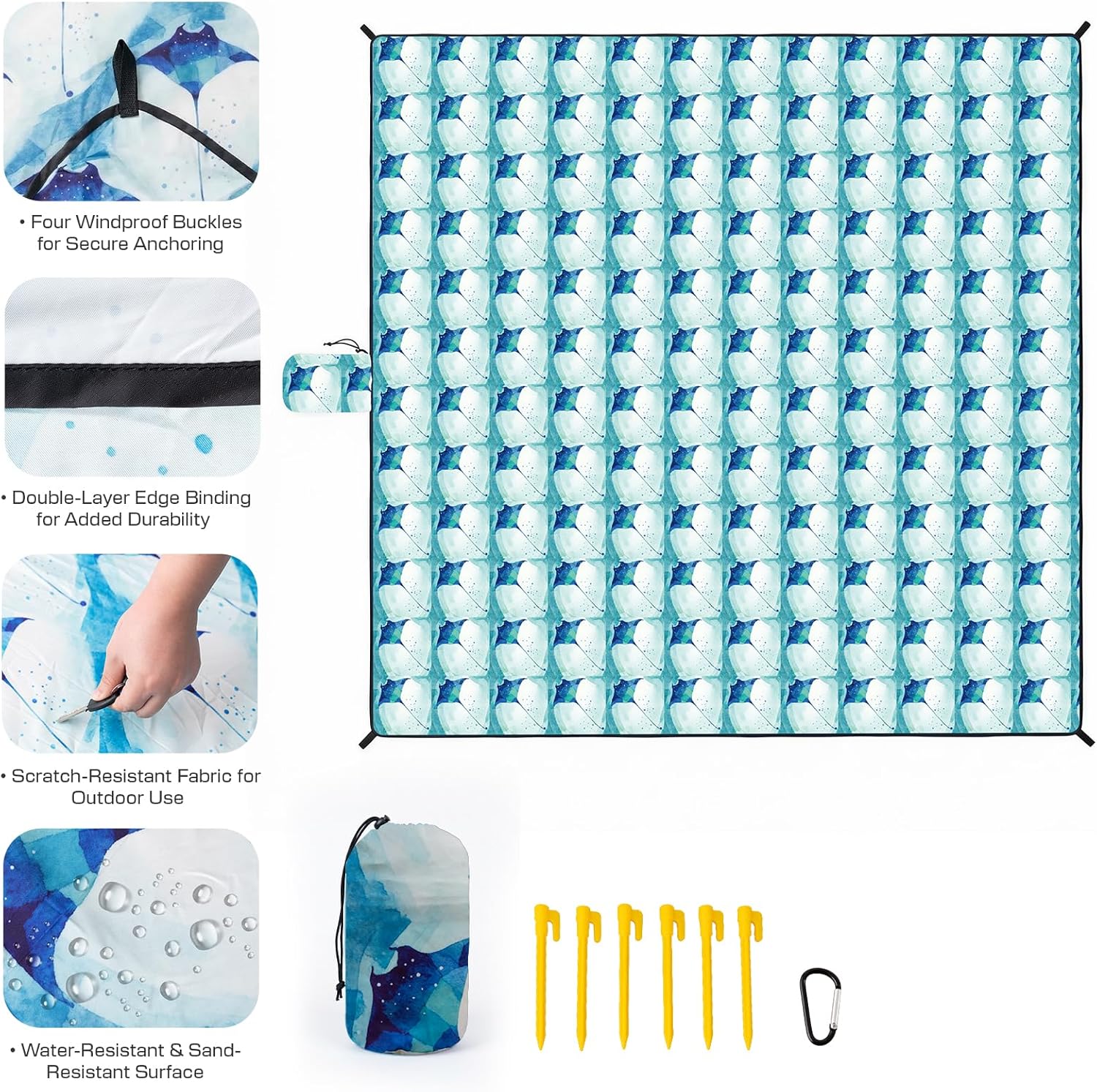 OIGAE Family Beach Blanket, 7×8 ft Sand-Free Picnic Mat for 1–4 People, Quick-Dry Lightweight Outdoor Blanket with Stakes & Corner Pockets, Manta Ray