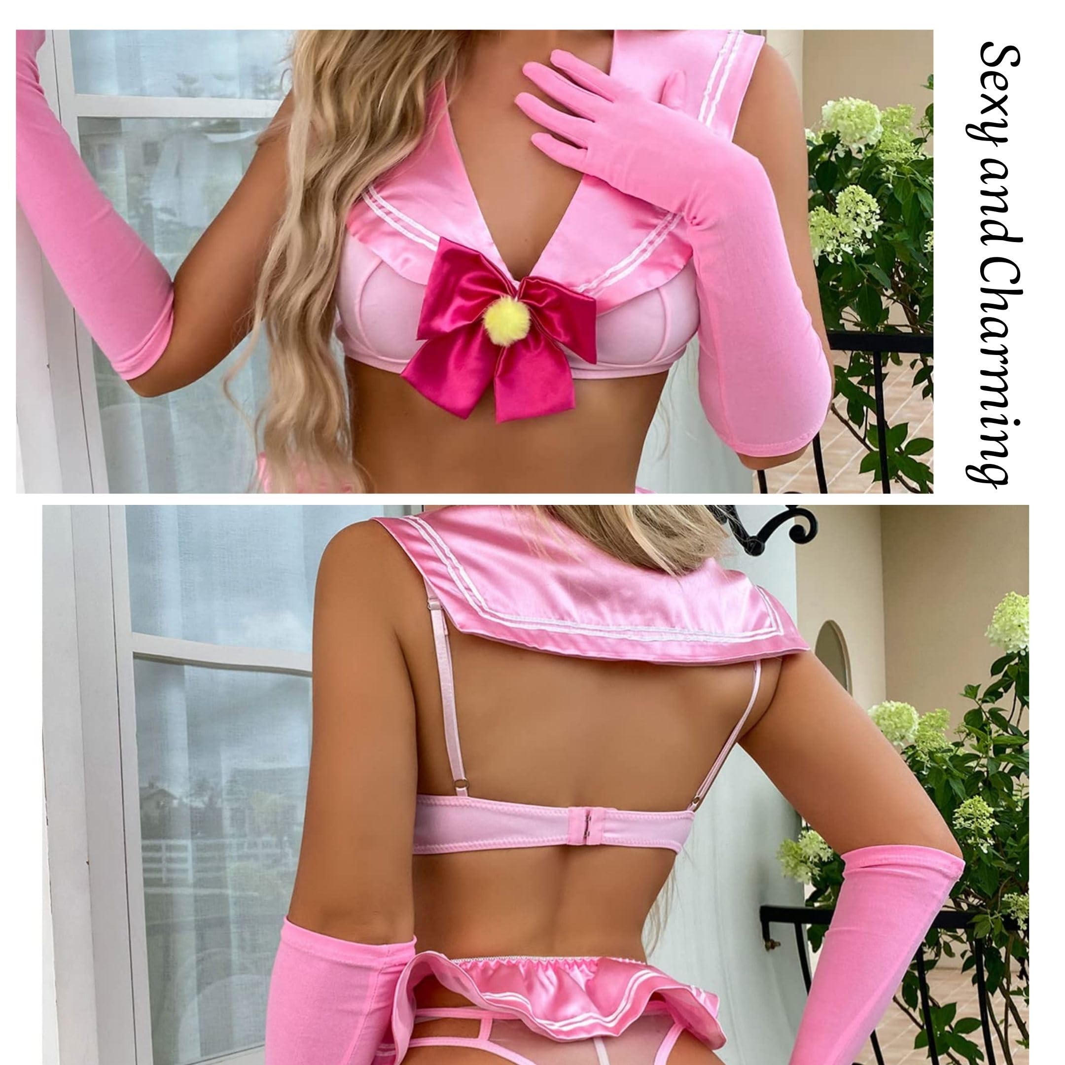 Niegrzeczne stroje Cosplay Deep V, kostium marynarza do odgrywania ról, komplet bielizny Anime Cosplay 4 szt., top z kołnierzykiem marynarskim + spódnica + stringi + rękawiczki (różowy)