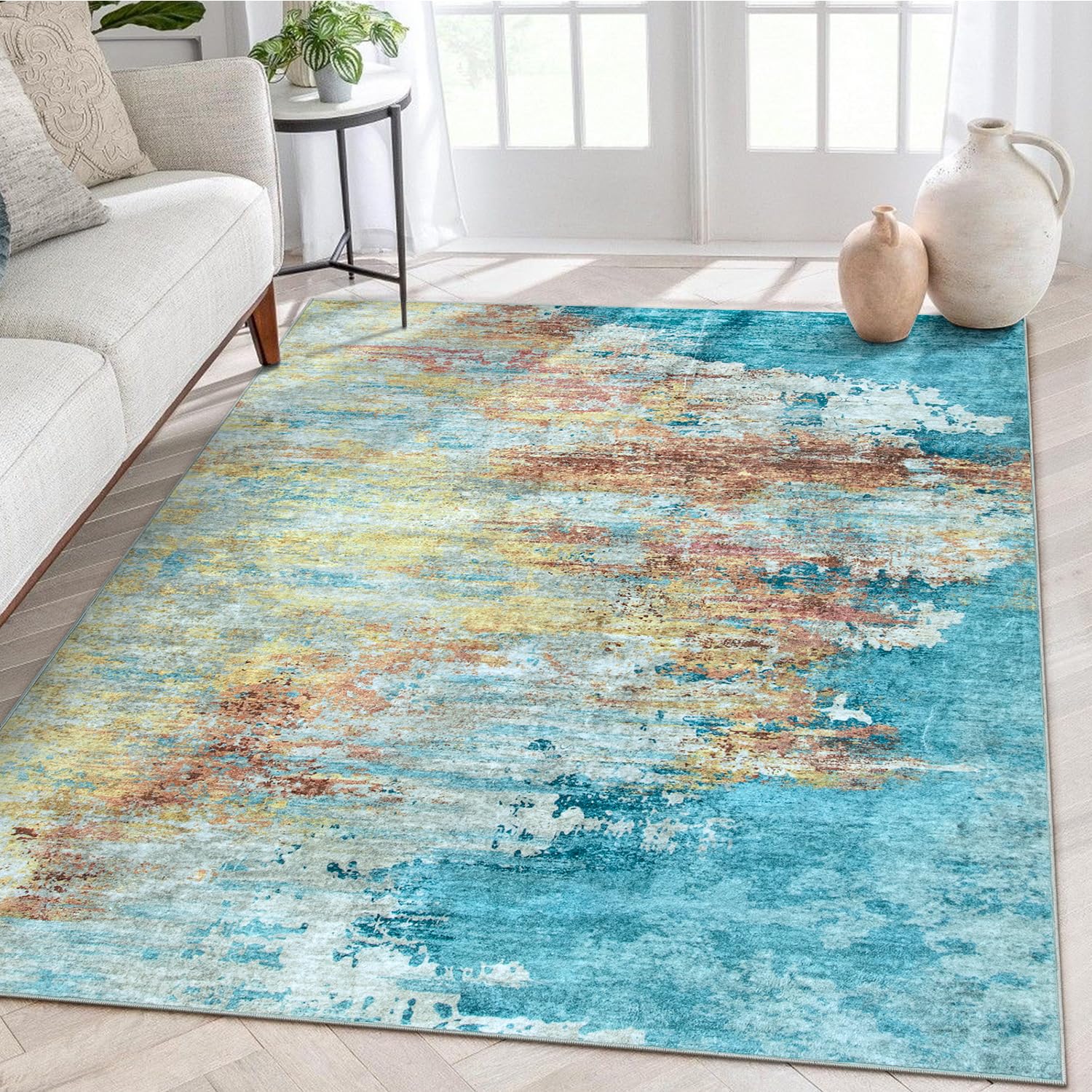 Abstract Living Room Rug, Modern Washable Rugs 5x7 with Rubber Backing Non Slip, Yellow/Blue Rug No Shedding Machine Washable Rug Soft Dining Room Rug for Bathroom Office Bedroom