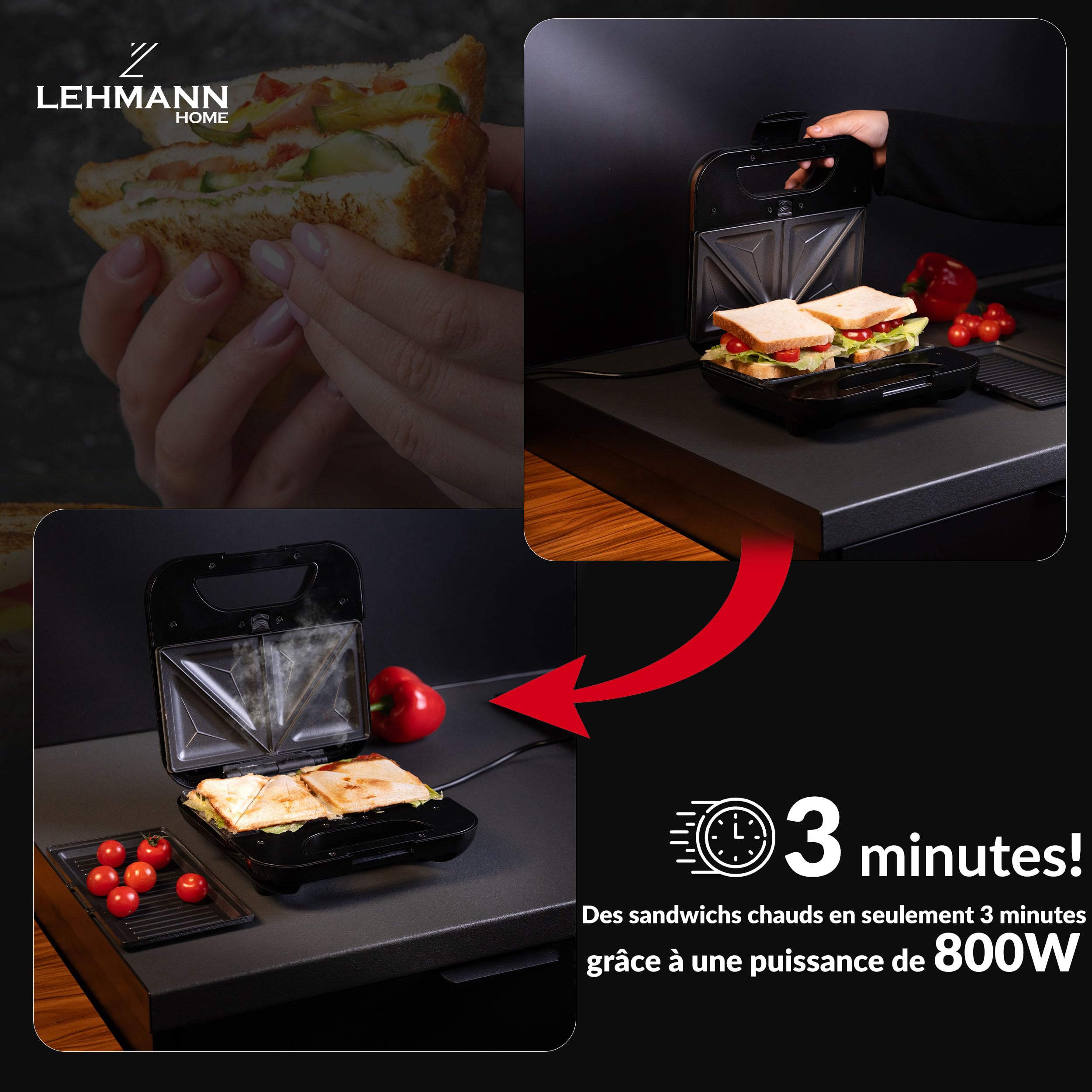 LEHMANN Multifonction Appareil Croque Monsieur 3 en 1 avec Plaques Interchangeables - Gaufrier, Panini Grill, Appareil a Croque Monsieur, Revêtement Antiadhésif, Préparation Rapide