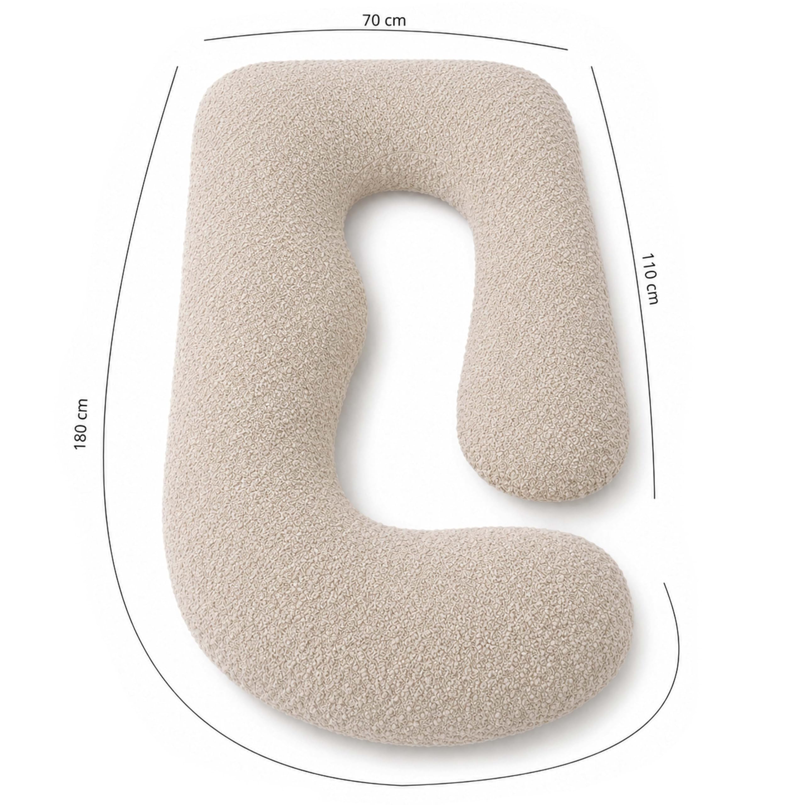 Schwangerschaftskissen J-Form, Stillkissen Seitenschläferkissen mit Verstellbarer Füllung, abnehmbar Bezug, Lagerungskissen für Schwangerschaft & Stillzeit ekmTRADE (82 - Bouclé Beige, Kissen + Bezug)